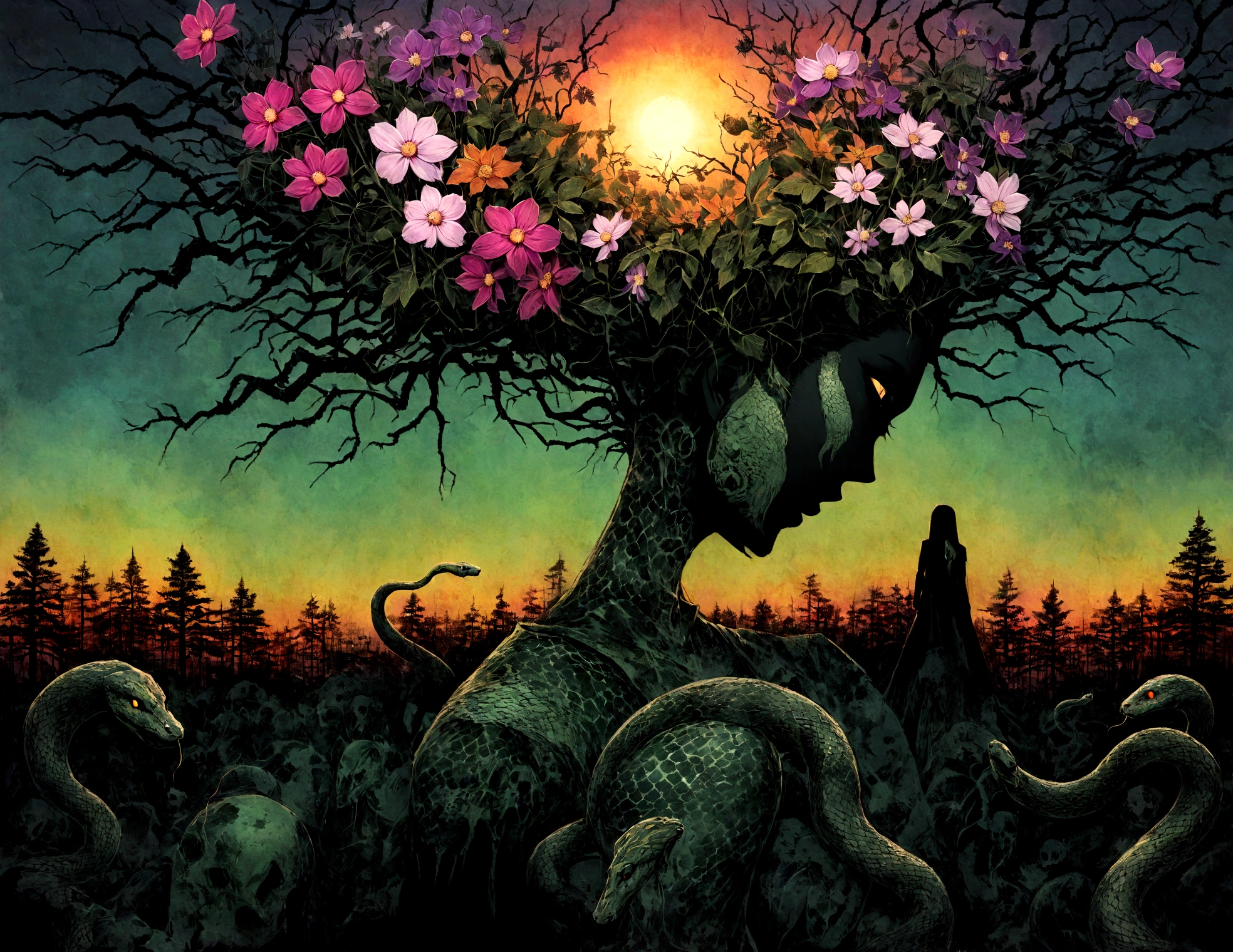 Medusa, splash page decompressed comic cover art, ink style figure, ((expressive Joelle Jones and "Sean Gordon Murphy" comic drawing)), wordless, cinematic poster, abyss void black no visibility darkness, forest green, earth brown), morphology anatomy drawn Frederic Delavier musculature anatomical illustration, (face, ornate black metal corpse paint, resembles Grace Jones), full length portrait, colors, bleak muted deep fiery radiant glowing ROYGBIV, (background, pine barrens, entropy, rewilding, magic hour sunset, galaxy stars, cosmos), candid, snake skin dress, (body, Naga, snakefolk, lower body snake tail, snake woman hybrid, bald, hairless, skeleton, snake skin tattoos, piercing eyes, snake pupils, over the shoulder), craftsmanship nuance, (Gerardo Zaffino charcoal), (horror, abstract, surreal, body, cosmic), subliminal orchids, nyctophobia, silhouette, double exposure, image within image,