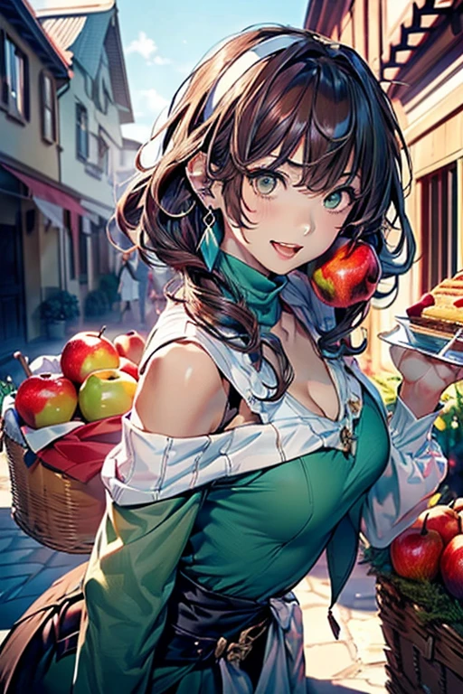 (small breasts:1.2), (perky chest:1.2), (pointed chest:1.2), (Pudding cake magazine cover:1.3),(from above:1.0),(from side:0.9),masterpiece, 1girl, Amazing Cleavage:1.1, thin waist, big ass, Raised sexy, posed cleavage:1.2,(perky chest:1.2), (pointed chest:1.2),(farmhouse entrance:1.3),(((Red Tunic:1.3))),(((apples and bread in the basket),Cute and beautiful girl,Cute round face,Cute smile,with blush cheeks,Red Lip, looking at viewer, open mouth, have a cute glass of beergrass,black hair, dark green eyes, deep brown public party dress, bare shoulders,collarbone, sidelocks, hairband, earrings wih safia jewelry, outdoors, darck coller off shoulder sweater dress, arms behind back, plant, short hair with long locks, gild hairband, off-shoulder dress, sweater dress, off-shoulder sweater, black sweater, dark gord hair, big side hair, very long side hair,is rendered in (masterpiece: 1.2, best quality), with (ultra high resolution) and an exquisite (depth of field). ,(Bangs are see-through bangs),hair pin,hair adornments,detailed clothes features,Detailed hair features,detailed facial features,(Dynamic angles),(Dynamic and sexy poses),clothes that emphasize big breasts,Cinematic Light,(masutepiece,top-quality,Ultra-high resolution) ,(The 8k quality,Anatomically accurate facial structure,),(Sea Art 2 Mode:1.3),(Image Mode Ultra HD,)