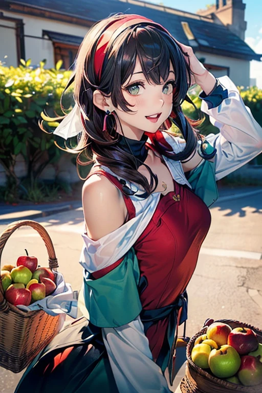 (small breasts:1.2), (perky chest:1.2), (pointed chest:1.2), (Pudding cake magazine cover:1.3),(from above:1.0),(from side:0.9),masterpiece, 1girl, Amazing Cleavage:1.1, thin waist, big ass, Raised sexy, posed cleavage:1.2,(perky chest:1.2), (pointed chest:1.2),(farmhouse entrance:1.3),(((Red Tunic:1.3))),(((apples and bread in the basket),Cute and beautiful girl,Cute round face,Cute smile,with blush cheeks,Red Lip, looking at viewer, open mouth, have a cute glass of beergrass,black hair, dark green eyes, deep brown public party dress, bare shoulders,collarbone, sidelocks, hairband, earrings wih safia jewelry, outdoors, darck coller off shoulder sweater dress, arms behind back, plant, short hair with long locks, gild hairband, off-shoulder dress, sweater dress, off-shoulder sweater, black sweater, dark gord hair, big side hair, very long side hair,is rendered in (masterpiece: 1.2, best quality), with (ultra high resolution) and an exquisite (depth of field). ,(Bangs are see-through bangs),hair pin,hair adornments,detailed clothes features,Detailed hair features,detailed facial features,(Dynamic angles),(Dynamic and sexy poses),clothes that emphasize big breasts,Cinematic Light,(masutepiece,top-quality,Ultra-high resolution) ,(The 8k quality,Anatomically accurate facial structure,),(Sea Art 2 Mode:1.3),(Image Mode Ultra HD,)