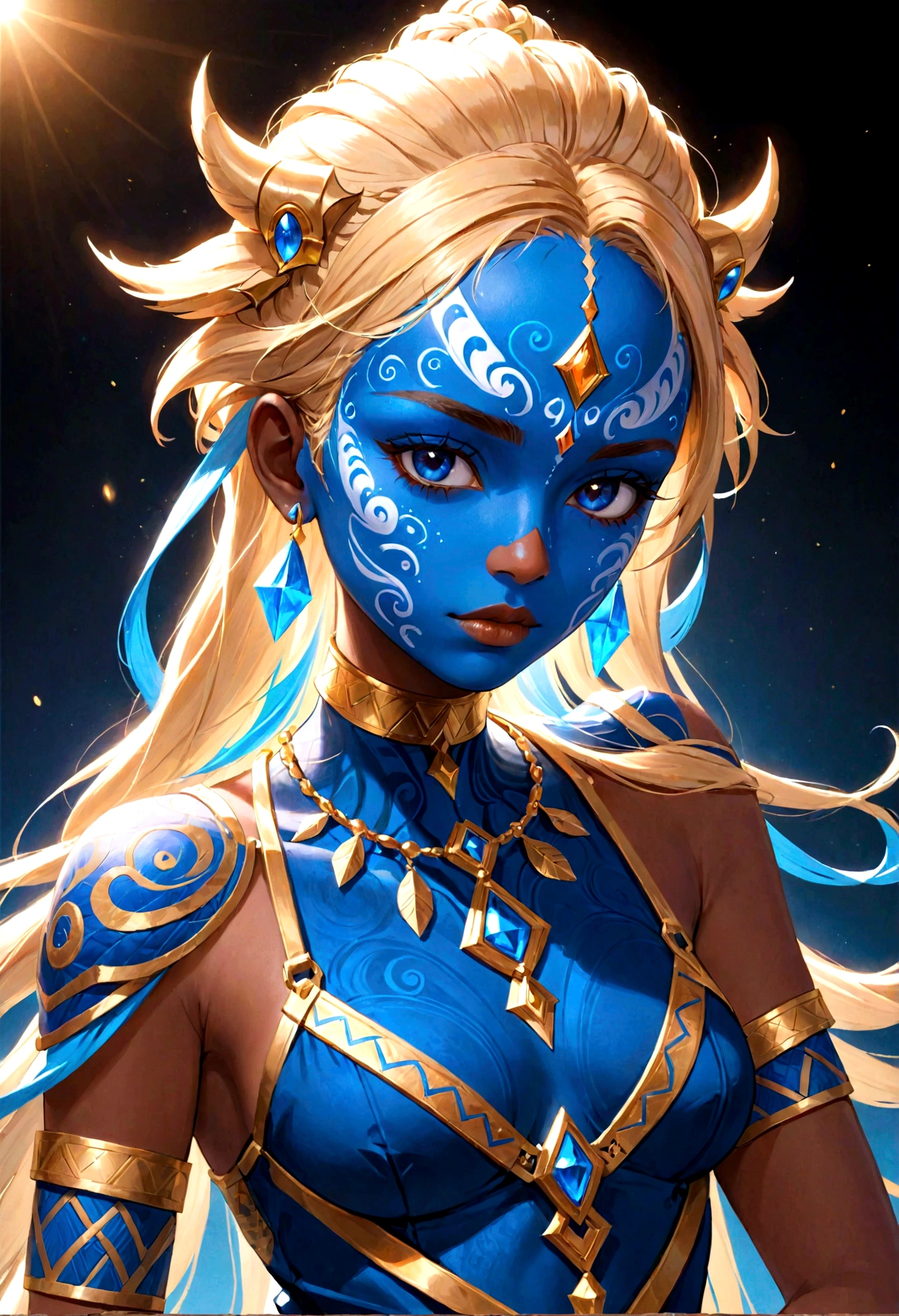 The image depicts a character with a striking appearance. The character has dark skin and is adorned with intricate blue and white face paint or markings that give the impression of a tribal or mystical design. The markings are symmetrical and cover the forehead, cheeks, and part of the neck. The character's eyes are a vibrant blue, which stands out against the darker tones of the skin and face paint. The character's hair is styled in a braided fashion, with some strands appearing to be dyed or highlighted in a lighter color, possibly blonde or a similar hue. The hair is long and cascades down the shoulders, adding to the overall aesthetic. The character is wearing a necklace with a pendant that has a blue gemstone, which complements the blue color theme of the face paint. The lighting in the image is dramatic, with a warm glow highlighting the character's face and hair, creating a sense of depth and dimension. The overall impression is that of a fantasy or science fiction character, possibly from a video game, movie, or other form of media that involves elements of fantasy or otherworldly themes. The character's design is detailed and evokes a sense of mystery and allure.