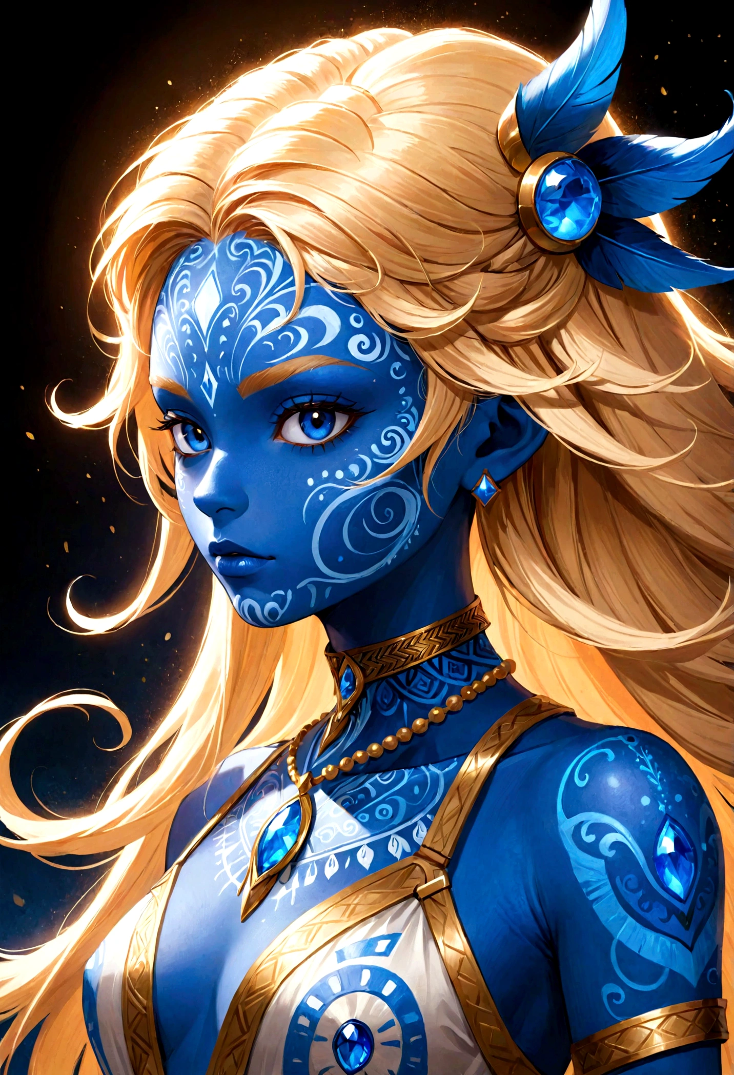 The image depicts a character with a striking appearance. The character has dark skin and is adorned with intricate blue and white face paint or markings that give the impression of a tribal or mystical design. The markings are symmetrical and cover the forehead, cheeks, and part of the neck. The character's eyes are a vibrant blue, which stands out against the darker tones of the skin and face paint. The character's hair is styled in a braided fashion, with some strands appearing to be dyed or highlighted in a lighter color, possibly blonde or a similar hue. The hair is long and cascades down the shoulders, adding to the overall aesthetic. The character is wearing a necklace with a pendant that has a blue gemstone, which complements the blue color theme of the face paint. The lighting in the image is dramatic, with a warm glow highlighting the character's face and hair, creating a sense of depth and dimension. The overall impression is that of a fantasy or science fiction character, possibly from a video game, movie, or other form of media that involves elements of fantasy or otherworldly themes. The character's design is detailed and evokes a sense of mystery and allure.