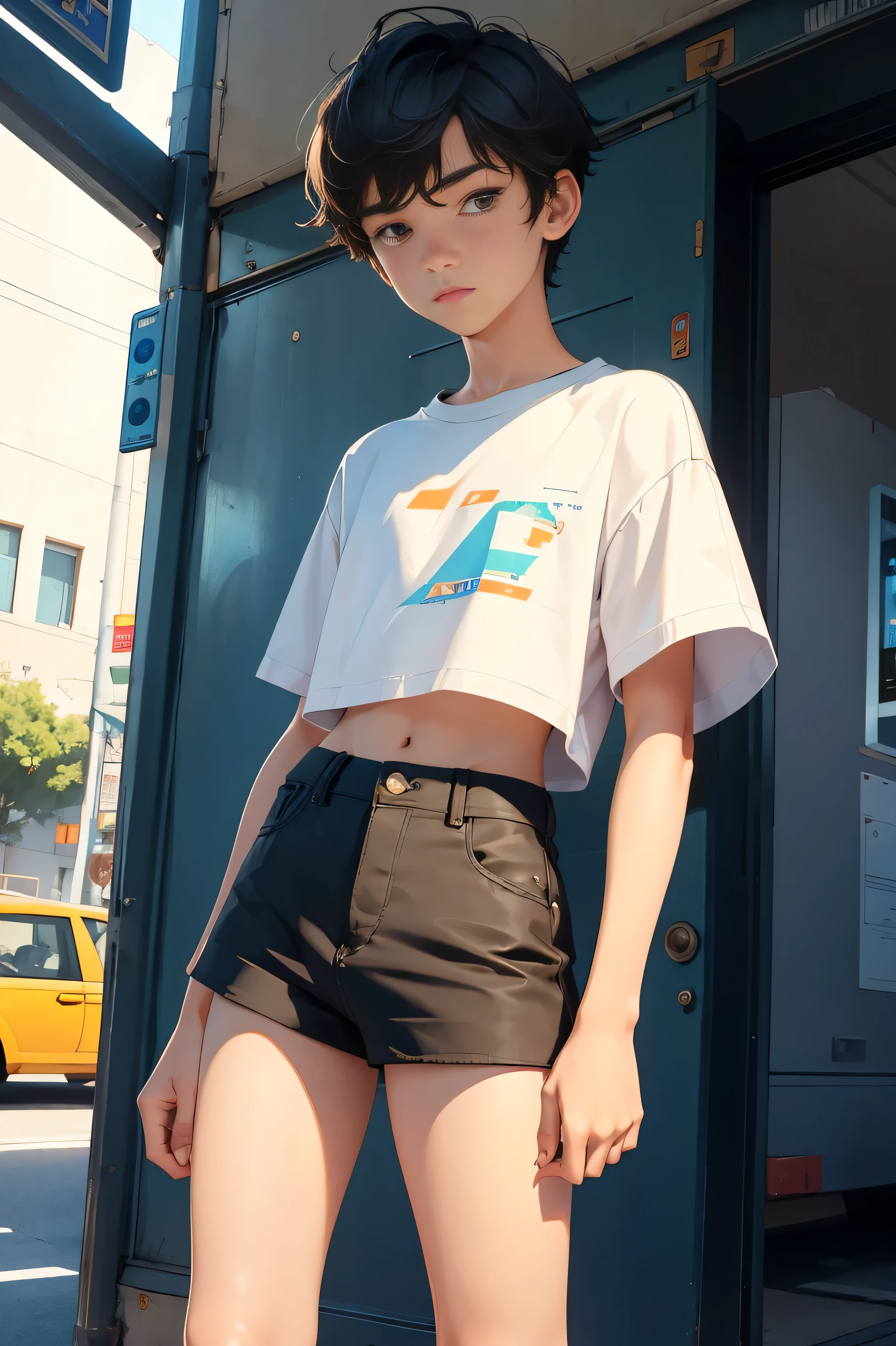 boy 16 yy is wearing a cropped shirt and too very much short mini shorts, the boy's legs are beautiful, hot summer, top quality