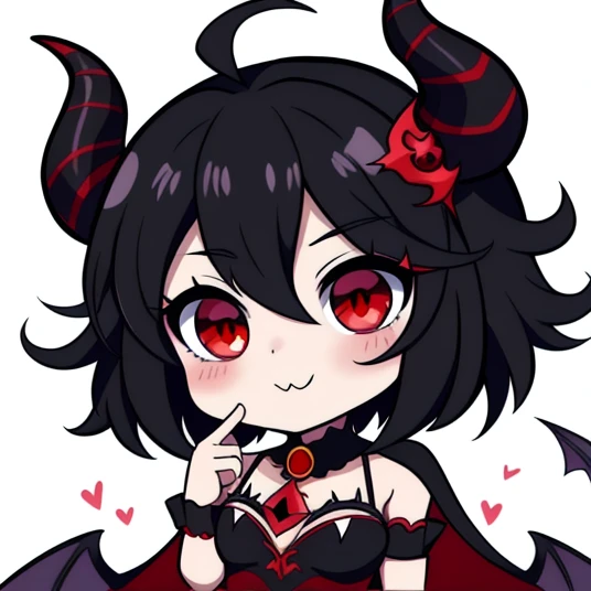 a cartoon image of a girl with a black demon horns on her head, estilo de arte anime moe, mika kurai demon, O vampiro, demon slayer rui fanart, garota monstro chibi, demon anime girl, estilo como nendoroid, anigirl batman, Akane Owari Danganronpa, chibi, Ryuko Matoi, demon boy, Gapmoe Yandere Grimdark, ((chibi, chibi style, chibi emote style, chibi only)), chibi, emote style, black hair, red Eyes, demon girl, ((black hair)), chibi emote, (( red eyes, demon girl)),