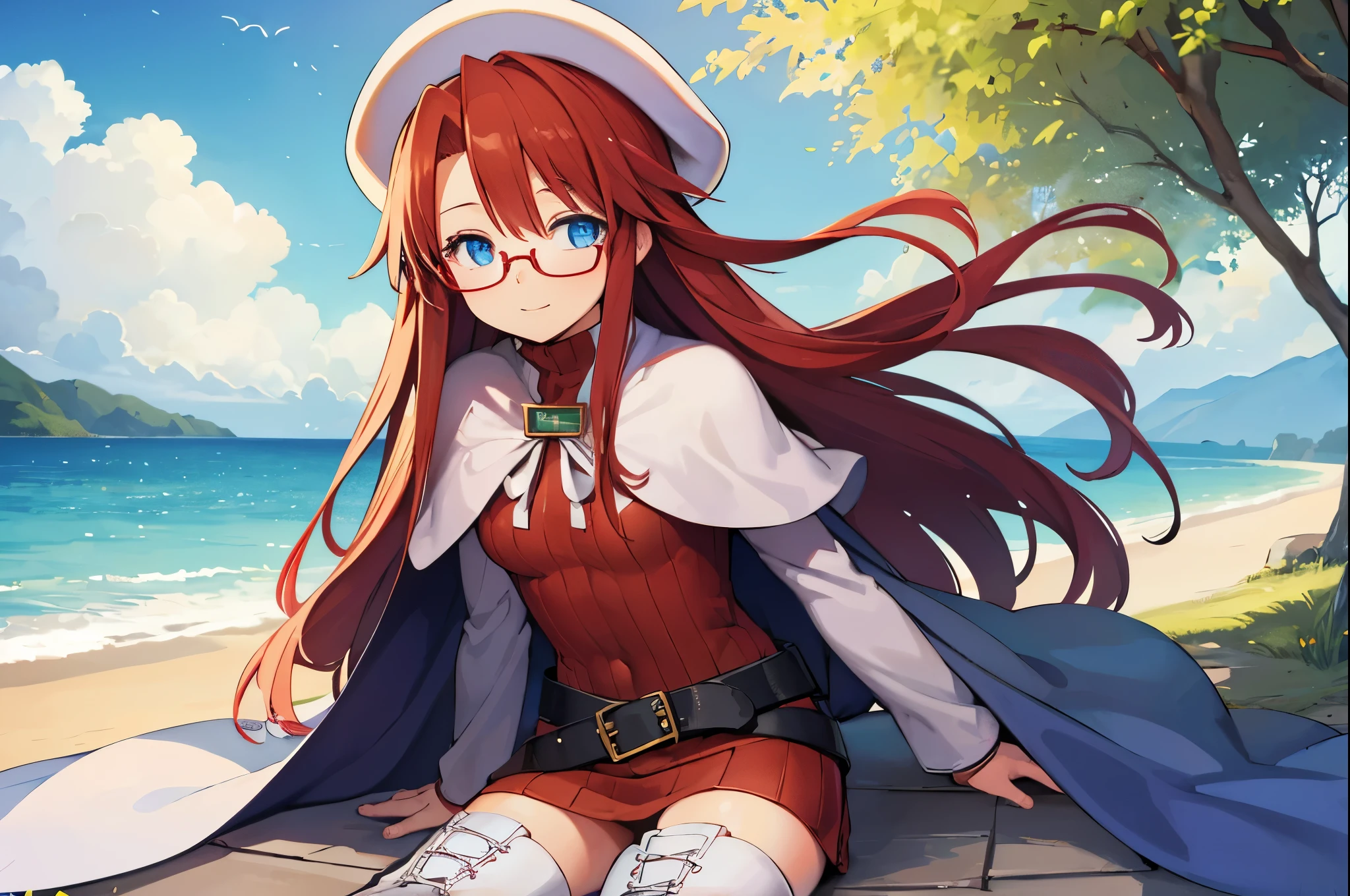 summonnightaty, aty, (young:1.3),long hair, blue eyes, red hair, big_berets, hat, glasses,
BREAK long hair, thighhighs, hat, dress, naked_legs, glasses, belt, cape, sweater, zettai ryouiki, beret, thigh boots, white footwear, ribbed sweater, loose belt,solo,
BREAK outdoors, fantasy,on_beach,
,Highquality_hads,perfect_fingers,
BREAK (masterpiece:1.2), best quality, high resolution, unity 8k wallpaper, (illustration:0.8), (beautiful detailed eyes:1.6), extremely detailed face, perfect lighting, extremely detailed CG, (perfect hands, perfect anatomy),covered_nipples,covered_navel ,half_eyes,long_sword,sleepy,standing,red_sweater,apart_knees,magical_effect,spread_legs, have_a_book,teacher,rise_knee,Smile,rise_hand,look_down_viewer,spread_arms,sea​_waves,looking_into,blue_sky,sitting