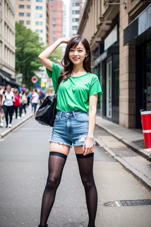 A woman wearing a green shirt, denim shorts and black tights、Stock photo by Lü Ji、CG trends in society、rayonism、stylish、Dynamic pose、whole body