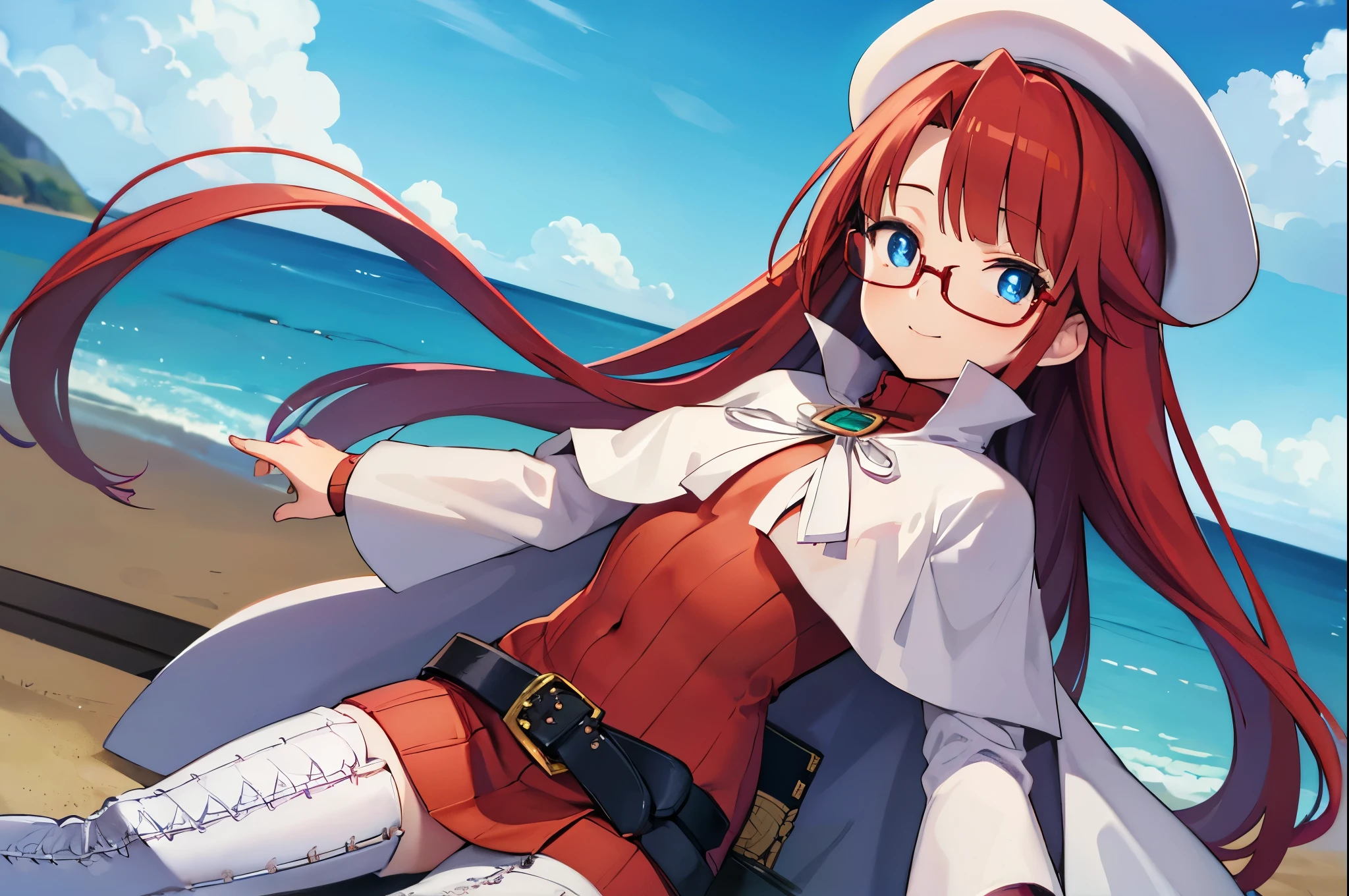 summonnightaty, aty, (young:1.3),long hair, blue eyes, red hair, big_berets, hat, glasses,
BREAK long hair, thighhighs, hat, dress, naked_legs, glasses, belt, cape, sweater, zettai ryouiki, beret, thigh boots, white footwear, ribbed sweater, loose belt,solo,
BREAK outdoors, fantasy,on_beach,
,Highquality_hads,perfect_fingers,
BREAK (masterpiece:1.2), best quality, high resolution, unity 8k wallpaper, (illustration:0.8), (beautiful detailed eyes:1.6), extremely detailed face, perfect lighting, extremely detailed CG, (perfect hands, perfect anatomy),covered_nipples,covered_navel ,half_eyes,long_sword,sleepy,standing,red_sweater,apart_knees,magical_effect,spread_legs, have_a_book,teacher,rise_knee,Smile,rise_hand,look_down_viewer,spread_arms,sea_waves,looking_into,blue_sky,sitting