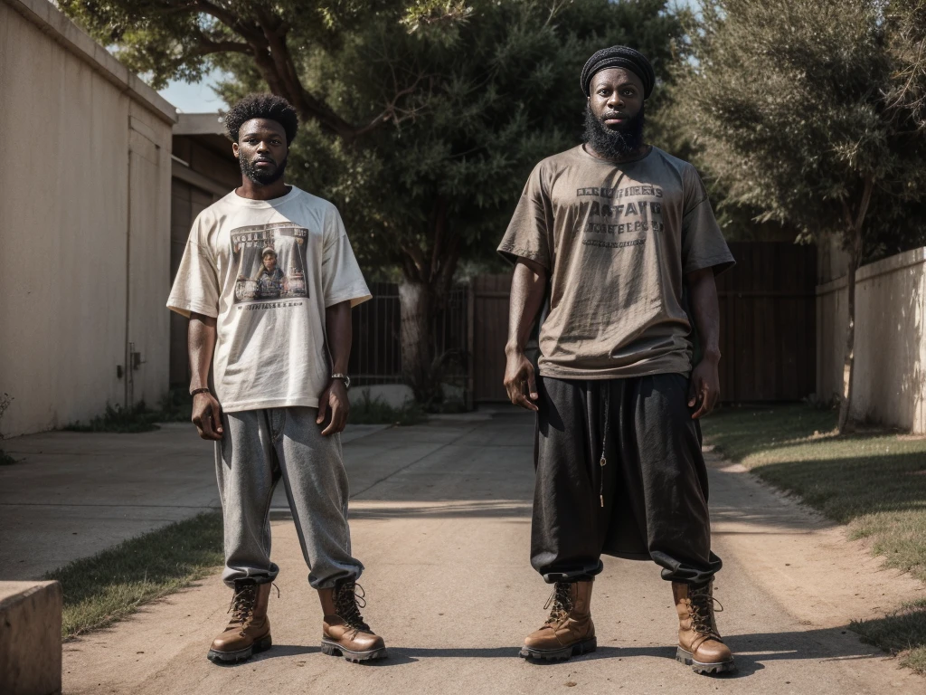 an African-American man with a long beard, a black man with brown eyes, wearing wide clothes in the oversized style, very wide gray combat boots and a black T-shirt with the inscription homeboy 1980x