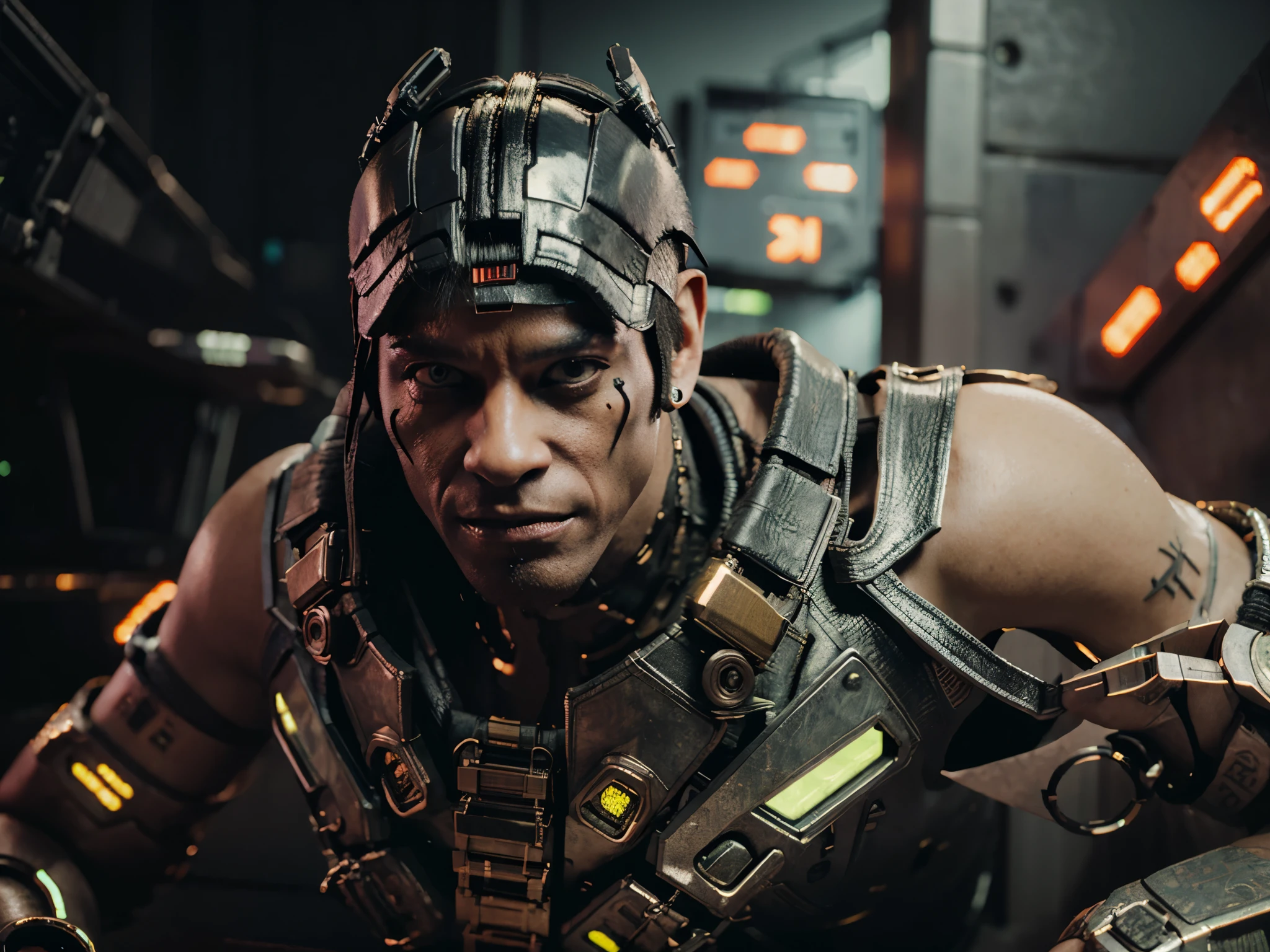 (Cyberpunk) orc in hip-hop style with cybernetic implants fused with the skin