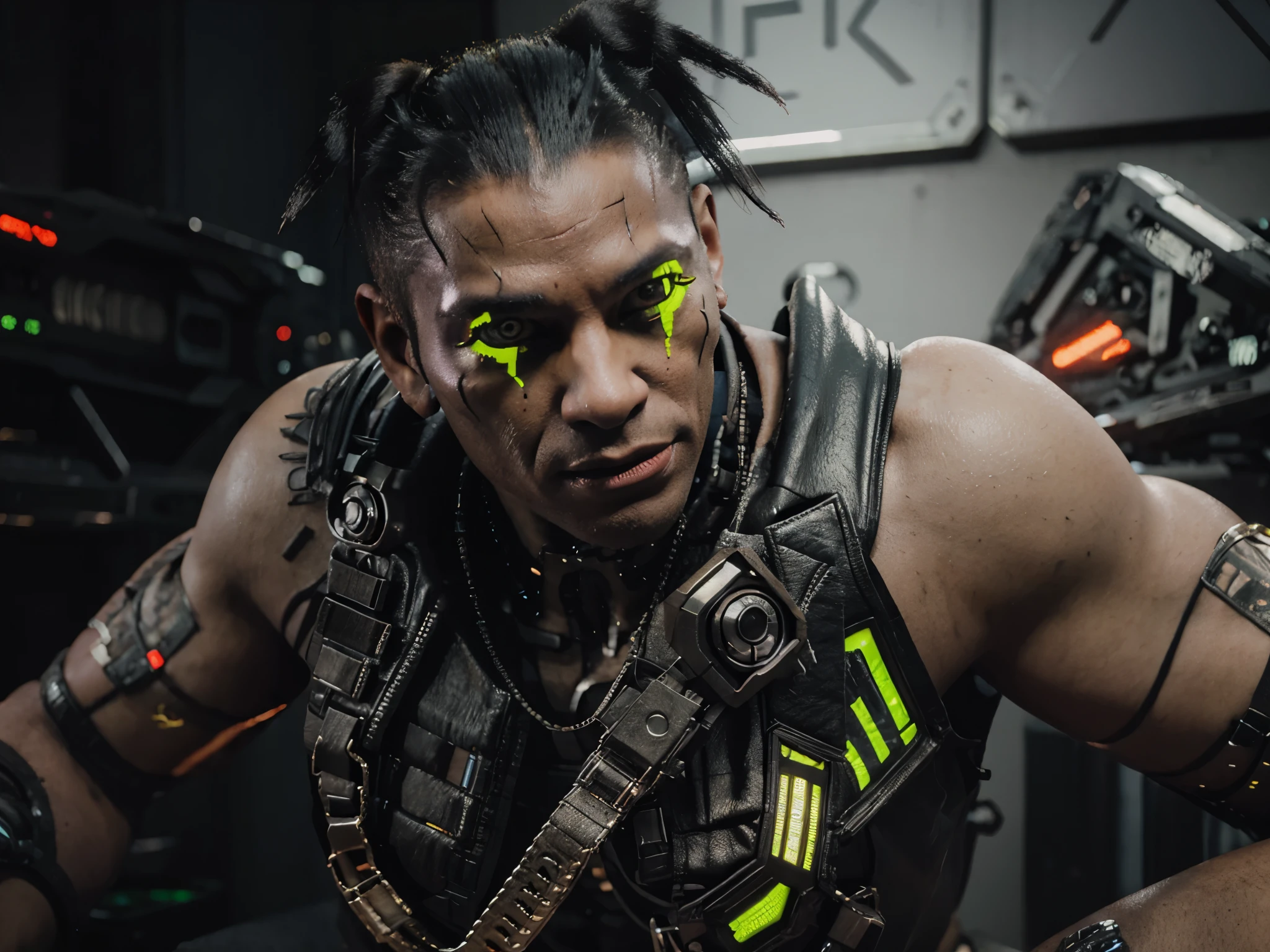 Wide angle Environmental shot in a cluttered and messy shack , action shot, tattered torn shirt, porcelain cracked skin, league of legends, vibrant, photo realistic, realistic, dramatic, dark, sharp focus, 8k."orc repairing cyborg arm as a realistic scifi cyberpunk knight, medium shot, intricate,unreal engine, cozy indoor lighting, artstation, detailed, arms crossed