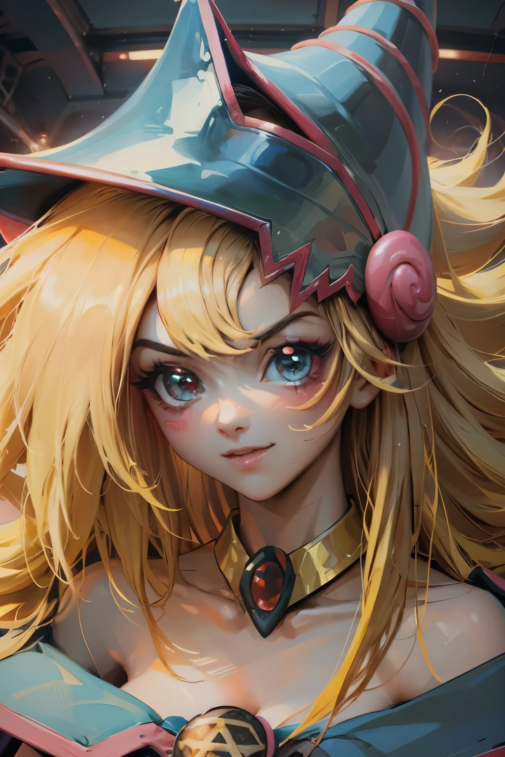 Hermoso rostro de dark magician gils, ojos azules. Labios rosados. Cabello rubio y largo. Ombros descubiertos, sonrisa angelical, hermoso rostro bien detallados de dark magician gils. Nude. Hot. Sexy. Nude 
