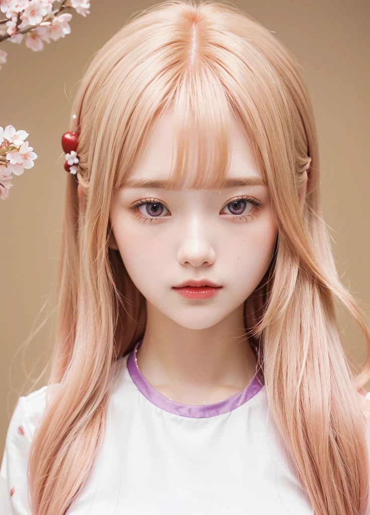 strawberry blonde shoulder-length hair with loose bangs, decorated with a cherry blossom hair clip on the side of her head. She has purple Tareme eyes.