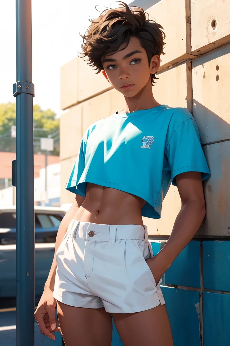 Teen boy 16 years old, beautiful boy is wearing a cropped shirt and too very much short mini shorts, the boy's legs are beautiful, tanned, flirty posing, hot summer, top quality, best quality