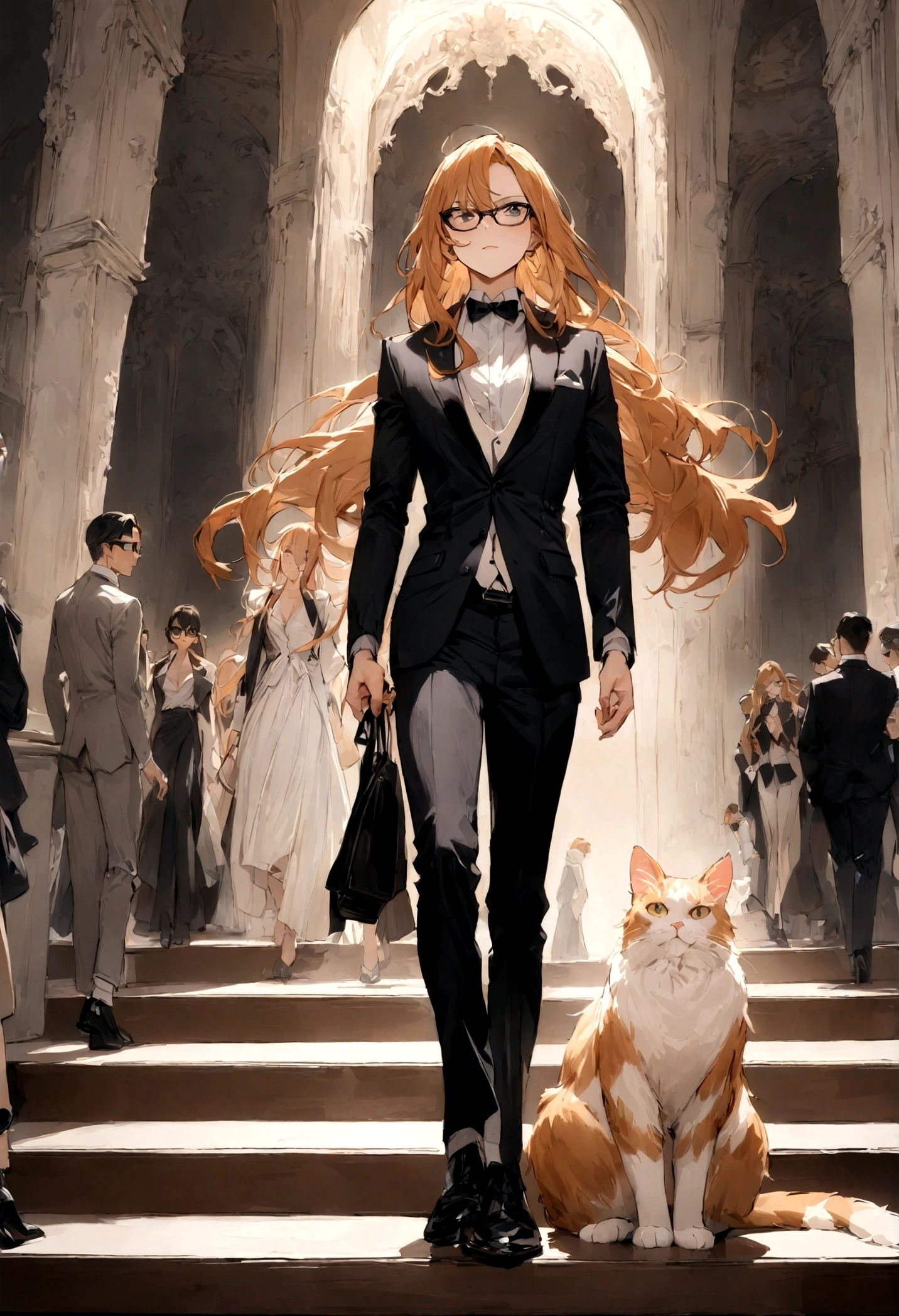 long haired ginger and white Maine Coon Cat, stylish, fashionable, formal suit, black glasses, fashion show, catwalk, (masterpiece:1.3), highly detailed