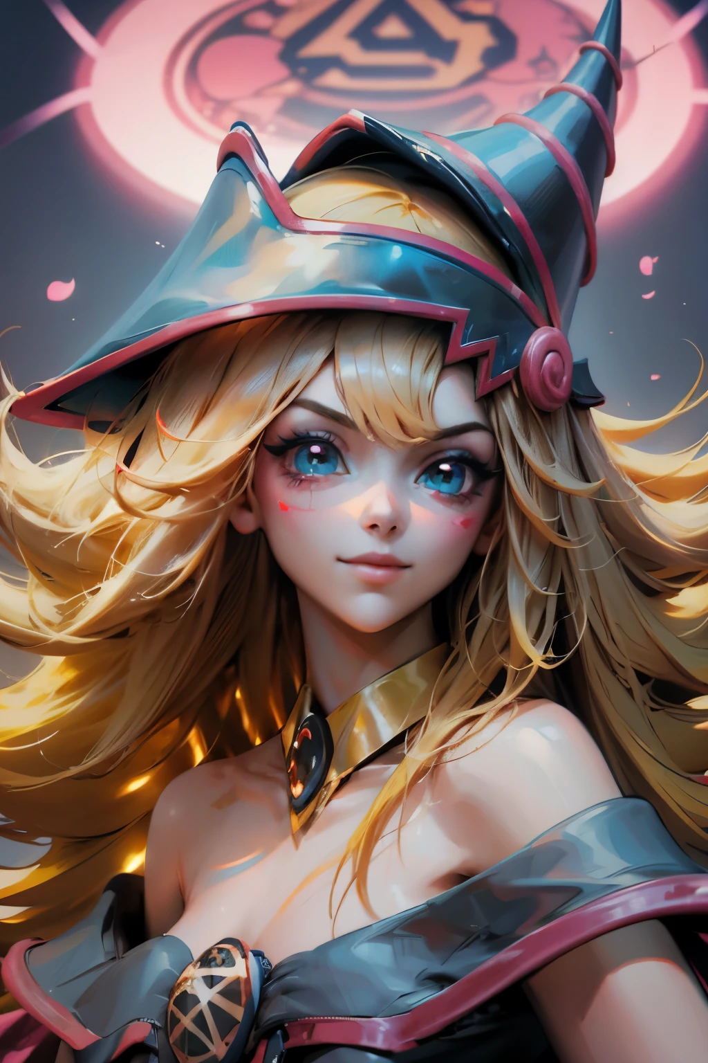 Hermoso rostro de dark magician gils, ojos azules. Labios rosados. Cabello rubio y largo. Ombros descubiertos, sonrisa angelical, hermoso rostro bien detallados de dark magician gils.