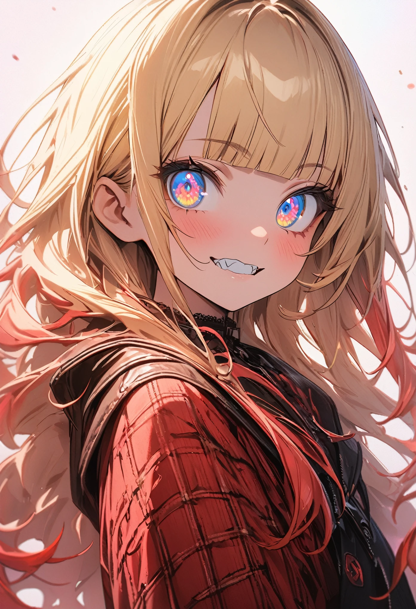 ((Masterpiece)), ((best quality)), (super detail:1.2), (High Definition:1.3), (Professional Photography:1.2), (wide shot), (sharp focus), (perfect light), (()), (❤️🖤💗💔), cute young Girl, Glossy unruly hair, (loose blunt bangs), blonde hair with red mesh, (red mesh hair), long hair, big eyes, (long eyelashes), ((jagged teeth)), colorful eyes, (Unfocused eyes), blush, ((sad smile)), open mouth, ribbon belt, joy, (cute Plaid tanktop), barearms, (Thumbs up hand), ((👍️)), (colorful:1.3), gothic makeup, 👄,((against the Colorful pastel wall)), 8K, , gothic artstyle,
