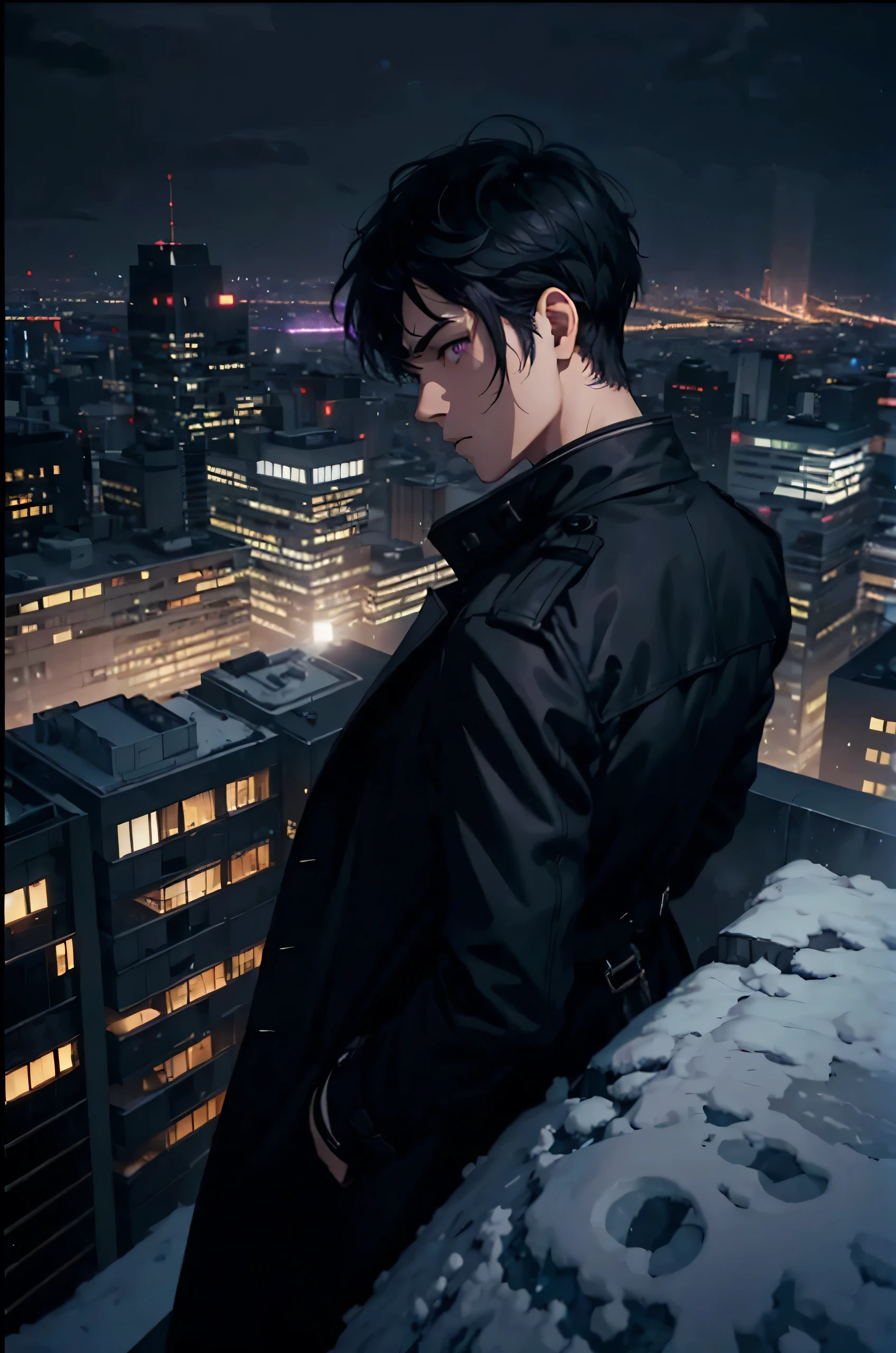 1man solo, short black hair, qurple eyes, black trench coat, 
Background: snowy, top of building staring down on the city , cloudy skies, full moon, dynamic lighting 