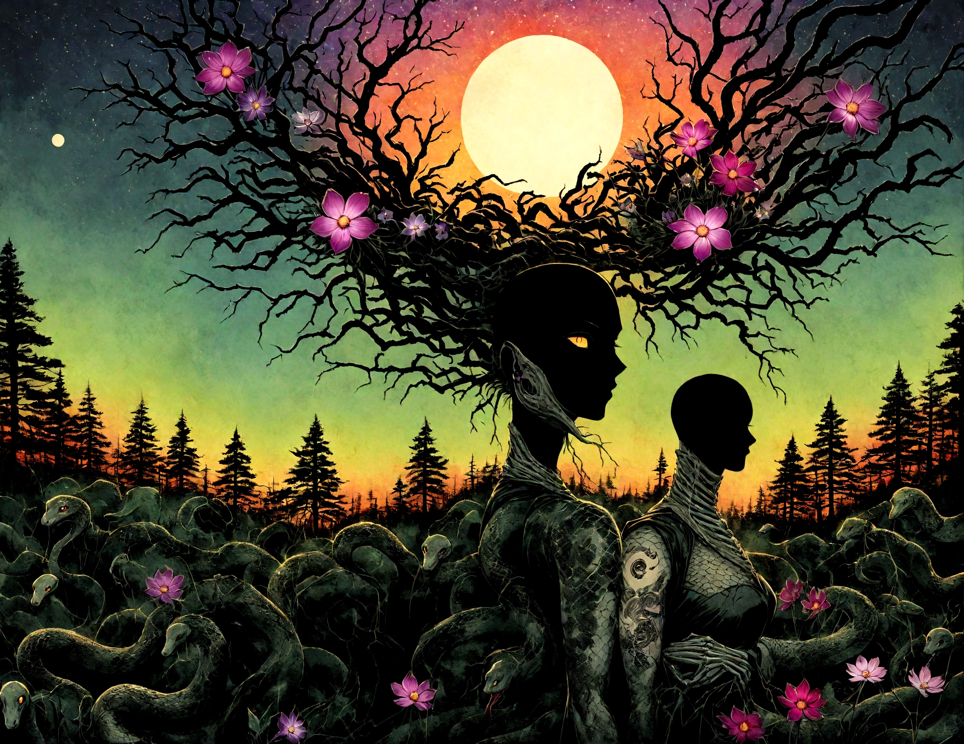 Medusa, splash page decompressed comic cover art, ink style figure, ((expressive Joelle Jones and "Sean Gordon Murphy" comic drawing)), wordless, cinematic poster, abyss void black no visibility darkness, forest green, earth brown), morphology anatomy drawn Frederic Delavier musculature anatomical illustration, (face, ornate black metal corpse paint, resembles Grace Jones), full length portrait, colors, bleak muted deep fiery radiant glowing ROYGBIV, (background, pine barrens, entropy, rewilding, magic hour sunset, galaxy stars, cosmos), candid, snake skin dress, (body, Naga, snakefolk, lower body snake tail, snake woman hybrid, bald, hairless, skeleton, snake skin tattoos, piercing eyes, snake pupils, over the shoulder), craftsmanship nuance, (Gerardo Zaffino charcoal), (horror, abstract, surreal, body, cosmic), subliminal orchids, nyctophobia, silhouette, double exposure, image within image,
