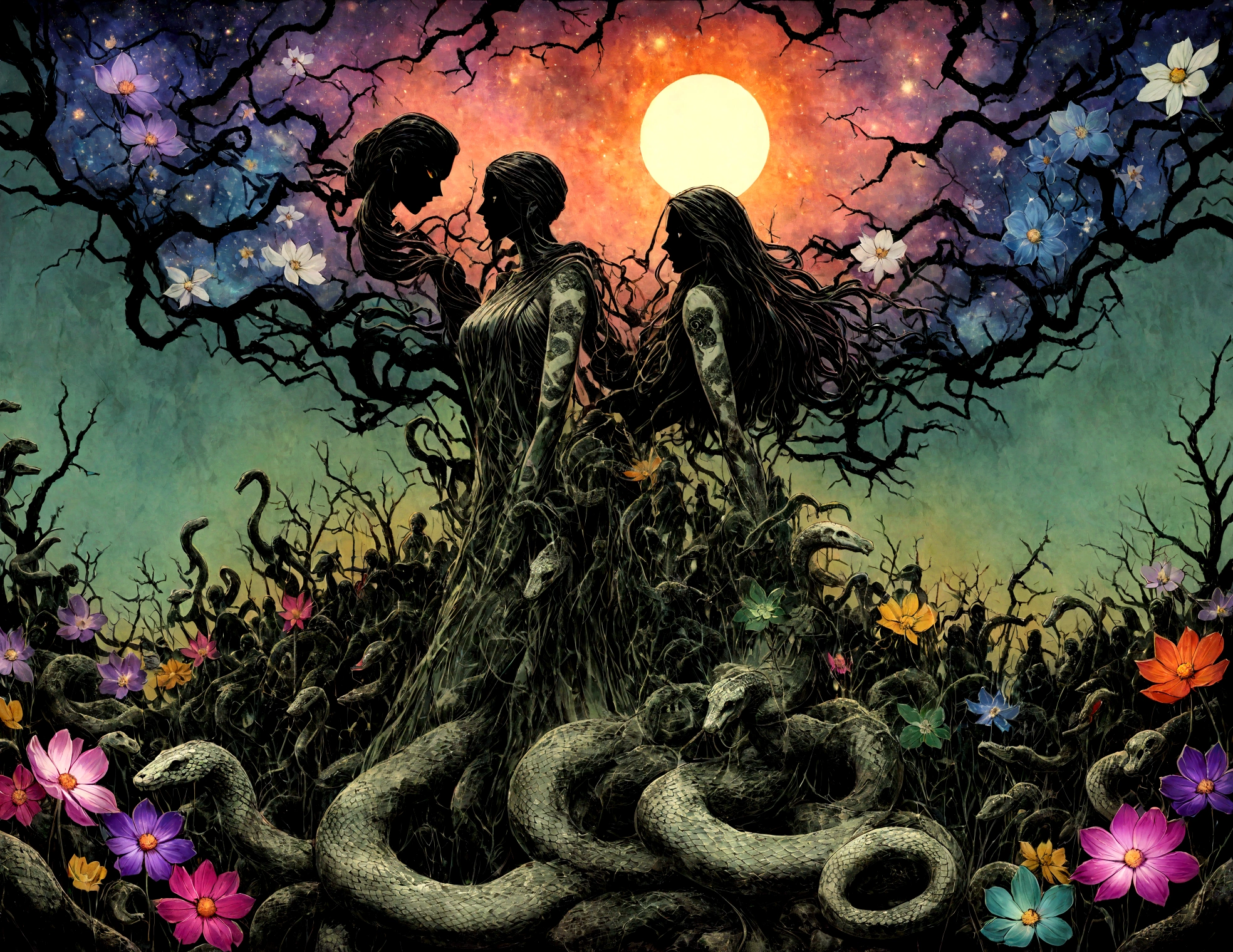 Medusa, splash page decompressed comic cover art, ink style figure, ((expressive Joelle Jones and "Sean Gordon Murphy" comic drawing)), wordless, cinematic poster, abyss void black no visibility darkness, forest green, earth brown), morphology anatomy drawn Frederic Delavier musculature anatomical illustration, (face, ornate black metal corpse paint, resembles Grace Jones), full length portrait, colors, bleak muted deep fiery radiant glowing ROYGBIV, (background, pine barrens, entropy, rewilding, magic hour sunset, galaxy stars, cosmos), candid, snake skin dress, (body, Naga, snakefolk, lower body snake tail, snake woman hybrid, bald, hairless, skeleton, snake skin tattoos, piercing eyes, snake pupils, over the shoulder), craftsmanship nuance, (Gerardo Zaffino charcoal), (horror, abstract, surreal, body, cosmic), subliminal orchids, nyctophobia, silhouette, double exposure, image within image,