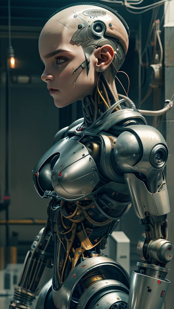 A bald cyborg Emma Watson, with loose wires, metallic skin, hoses, exposed torso, androidperson, mark brooks, david mann, robot brain, made of steel, hyperrealism, post-apocalyptic, mechanical parts, joints, mecha, j_sci-fi, cybernetic