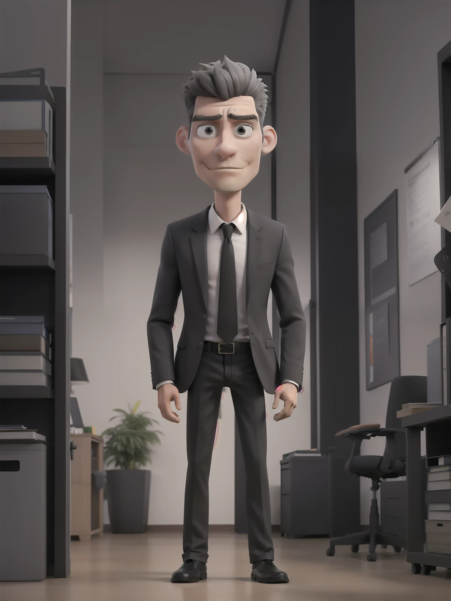 Create a tall man, with broad shoulders, thin legs, tidy hair, serious face, serious look, with black clothes with gray parts, in the office alone, standing.  in the best quality, 3D, 4k quality