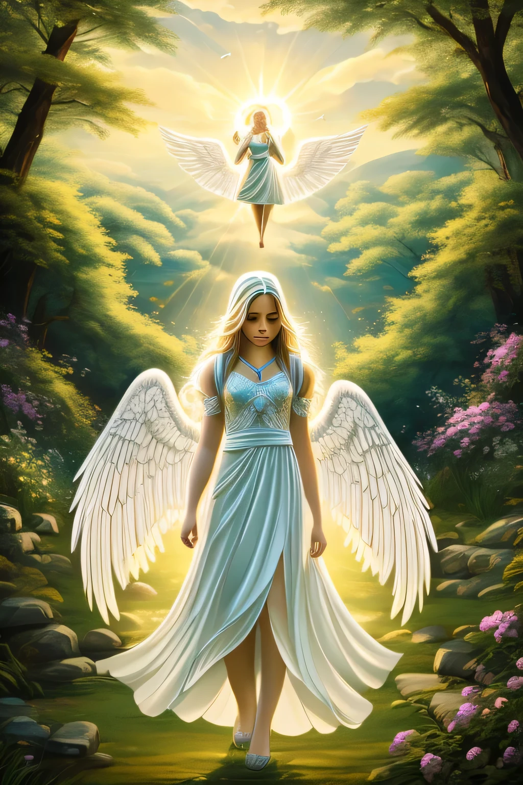 "Create an image of a guardian angel watching over a young person. The angel should have a serene and protective demeanor, with large, graceful wings and a soft, glowing aura. The setting can be a peaceful, natural environment such as a forest or a garden, with gentle sunlight filtering through the trees. The young person should look comforted and safe, with the angel's presence evoking a sense of peace and protection. Include details that emphasize the angel's ethereal beauty and the tranquil atmosphere of the scene."
