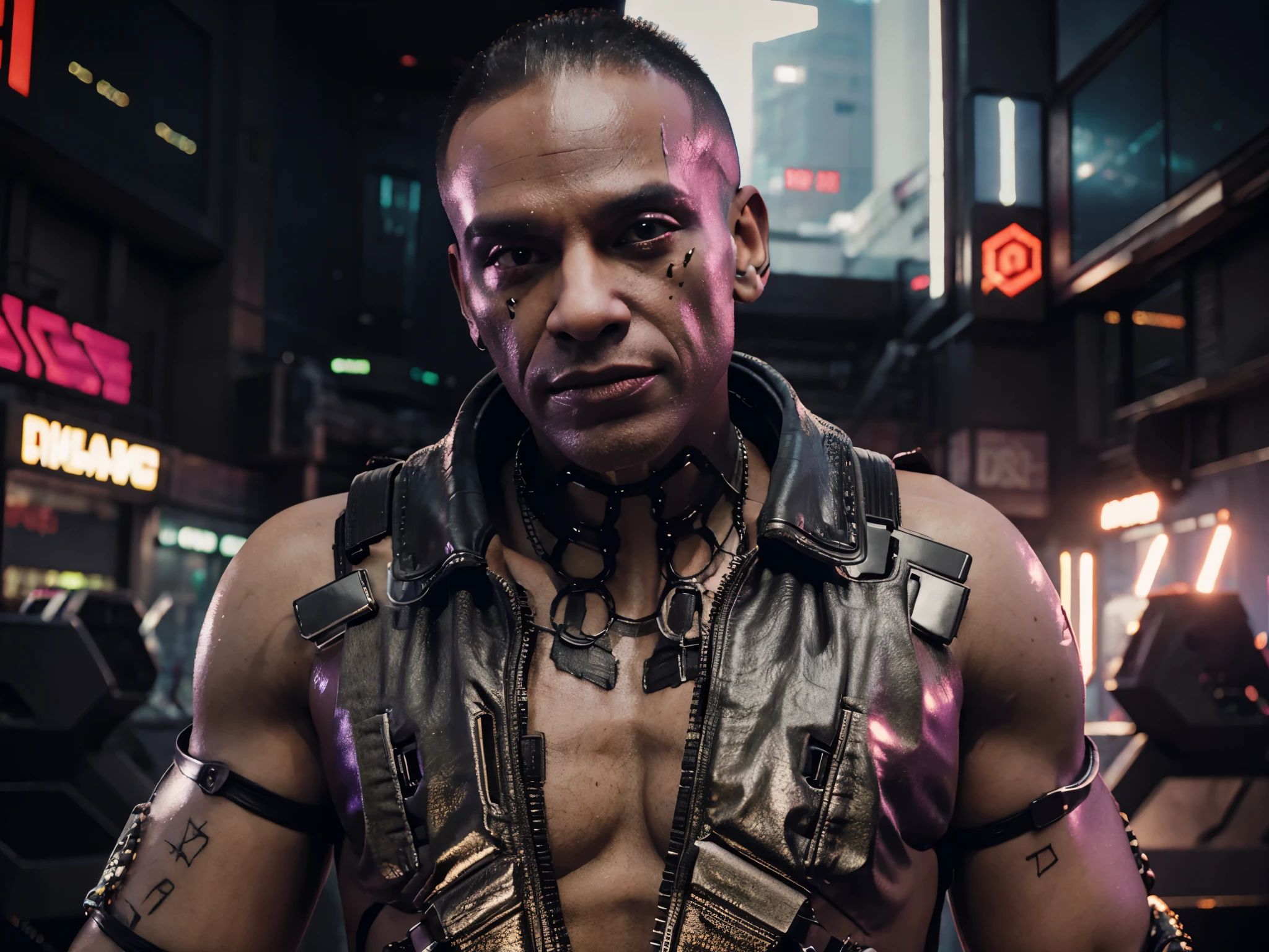 (Cyberpunk) orc in hip-hop style with cybernetic implants fused with the skin