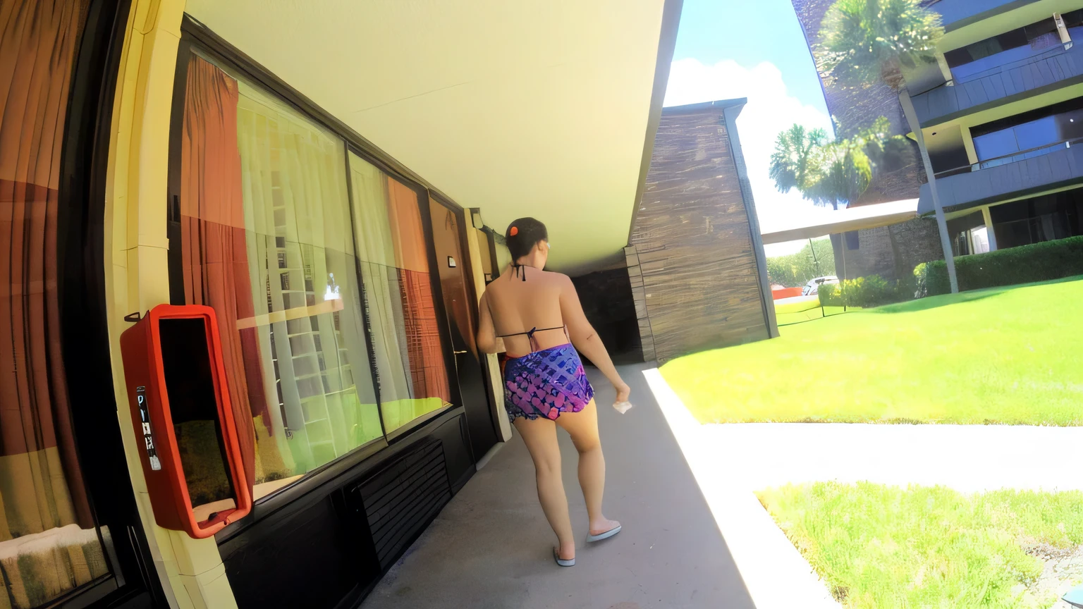 there is a woman walking down the sidewalk in a bikini, walking away from the camera, walking away from camera, backview, next to a pool, seen from the back, squatting down next to a pool, rear view, long shot from the back, rear-shot, swim suite, facing away from the camera, facing away from camera