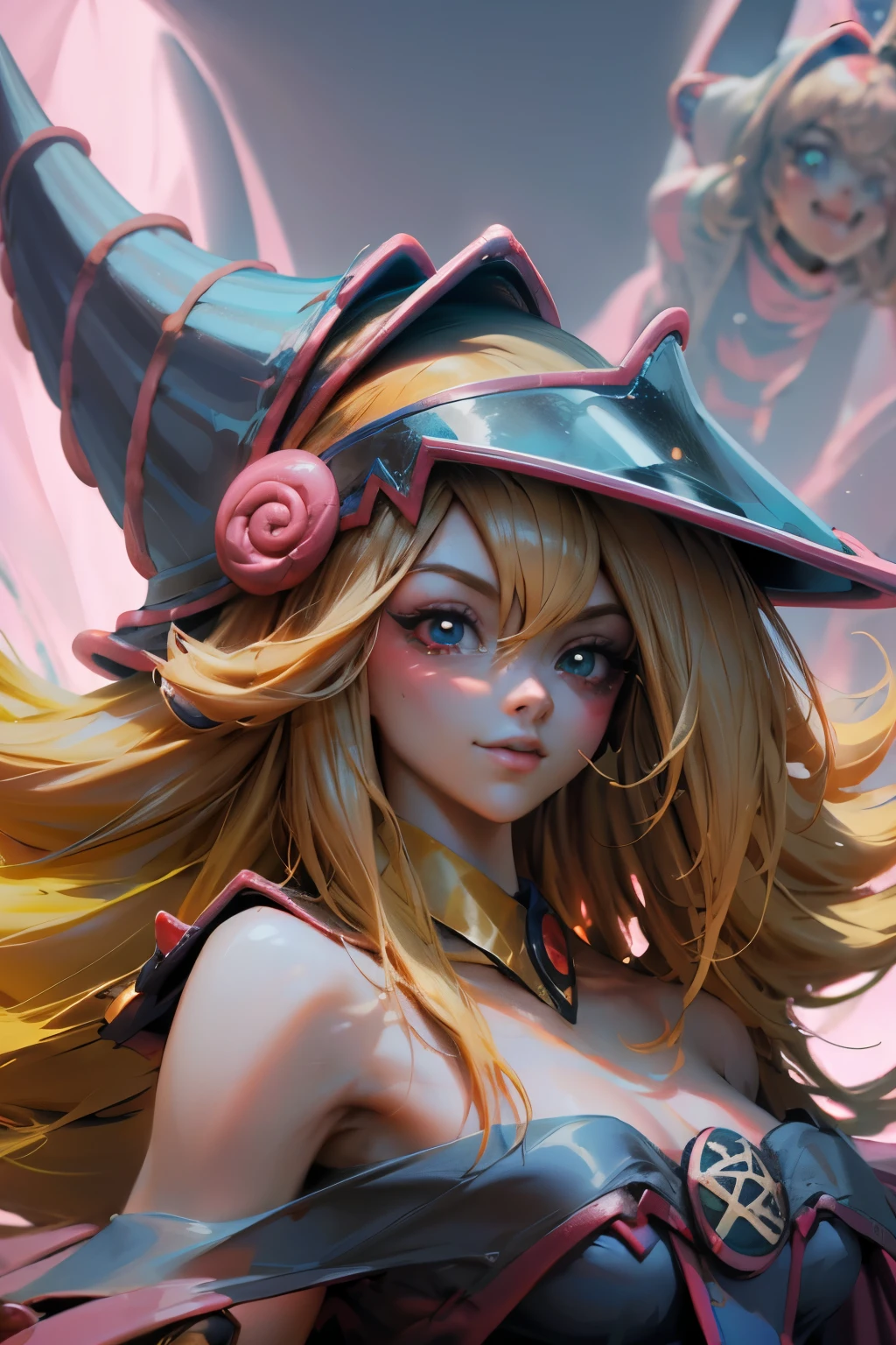 Hermoso rostro de dark magician gils, ojos azules. Labios rosados. Cabello rubio y largo. Ombros descubiertos, sonrisa angelical, hermoso rostro bien detallados de dark magician gils.
