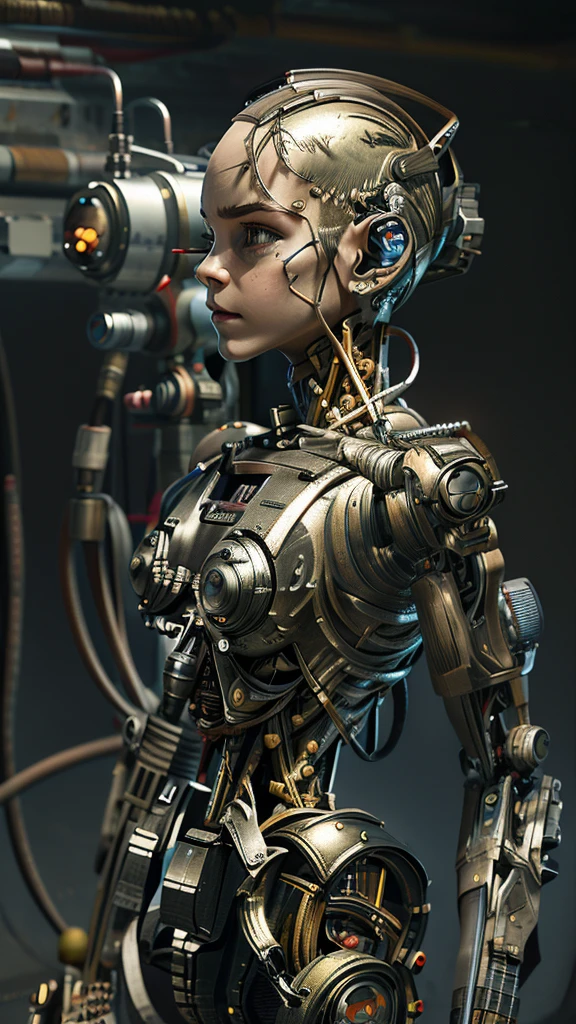 A bald cyborg Emma Watson, (looking towards viewer), with loose wires, metallic skin, hoses, exposed torso, androidperson, mark brooks, david mann, robot brain, made of steel, hyperrealism, post-apocalyptic, mechanical parts, joints, mecha, j_sci-fi, cybernetic