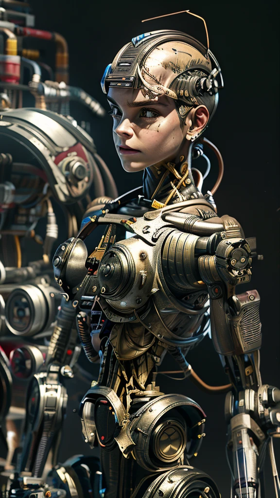 A bald cyborg Emma Watson, (looking towards viewer), with loose wires, metallic skin, hoses, exposed torso, androidperson, mark brooks, david mann, robot brain, made of steel, hyperrealism, post-apocalyptic, mechanical parts, joints, mecha, j_sci-fi, cybernetic