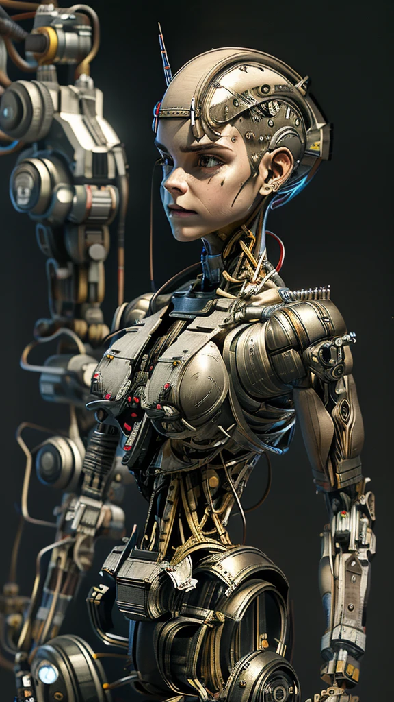 A bald cyborg Emma Watson, (looking towards viewer), with loose wires, metallic skin, hoses, exposed torso, androidperson, mark brooks, david mann, robot brain, made of steel, hyperrealism, post-apocalyptic, mechanical parts, joints, mecha, j_sci-fi, cybernetic