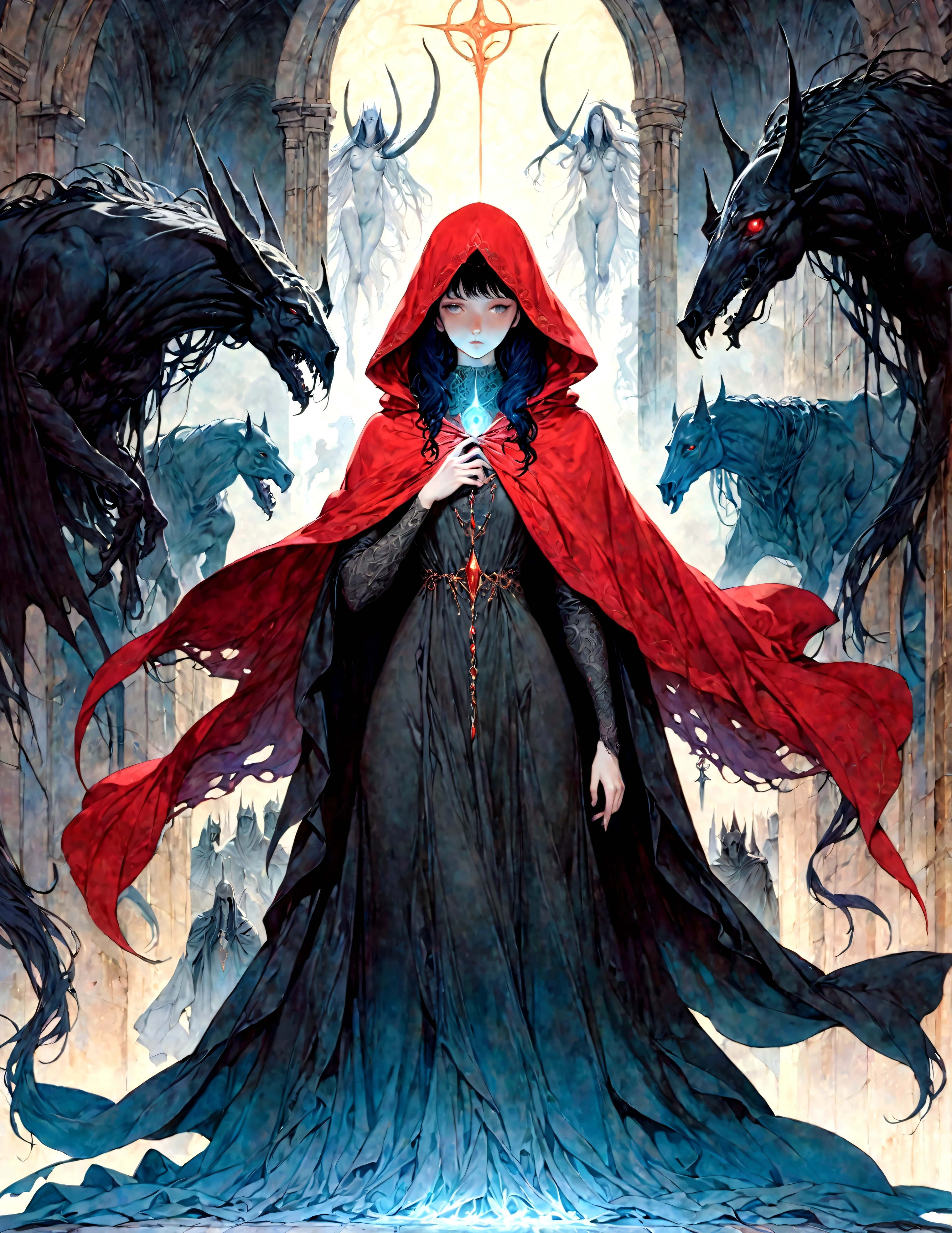 a poster for the lord of the rings, beksinkski, nazgul, by charles vess, long torn red cape, persephone as goddess of death, with a long black cape, abaddon and magali villeneuve, in a cloak with long hairs, michael whelan and gustave dore, dark cloak, marc _ simonetti, stunning fantasy horror