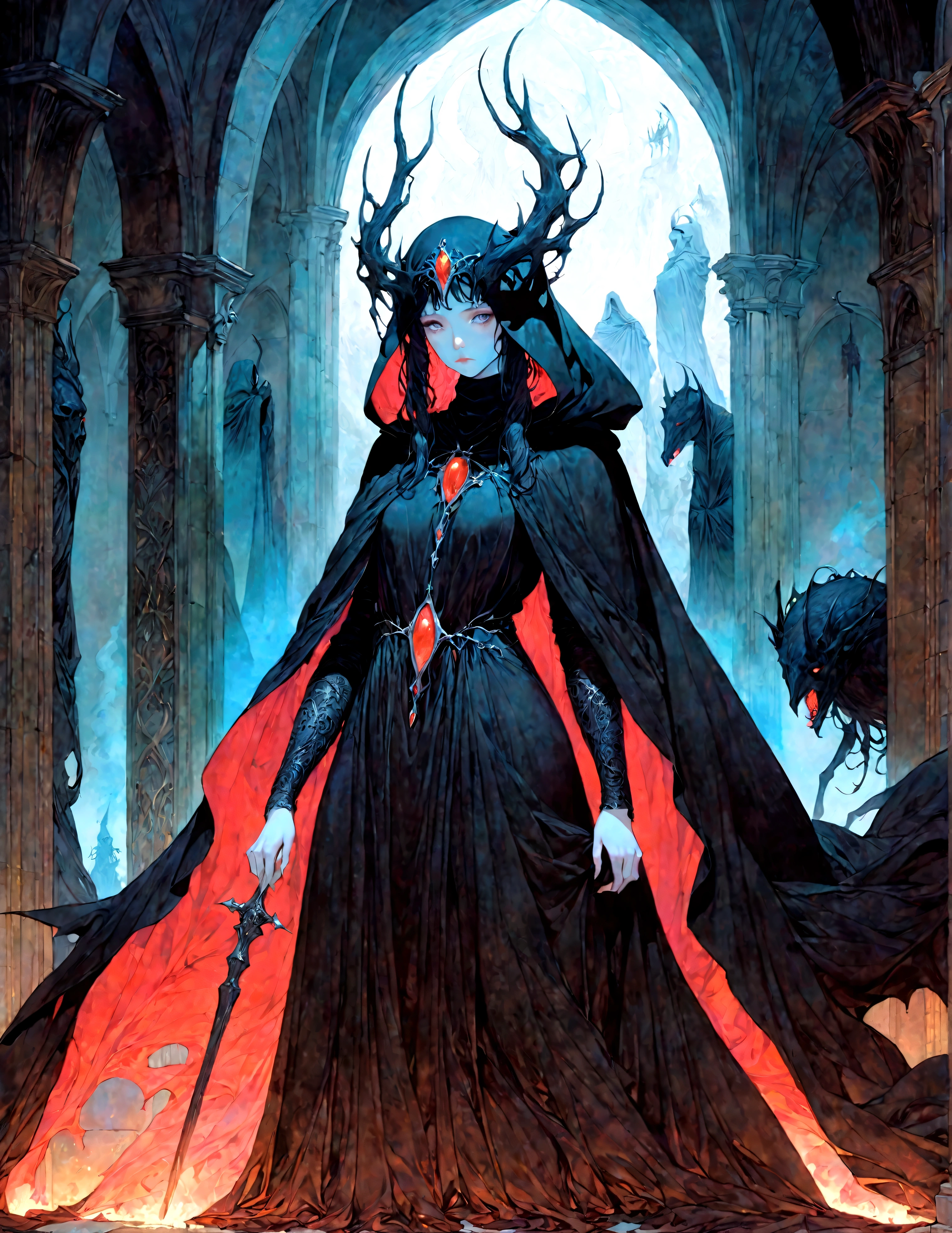 a poster for the lord of the rings, beksinkski, nazgul, by charles vess, long torn red cape, persephone as goddess of death, with a long black cape, abaddon and magali villeneuve, in a cloak with long hairs, michael whelan and gustave dore, dark cloak, marc _ simonetti, stunning fantasy horror