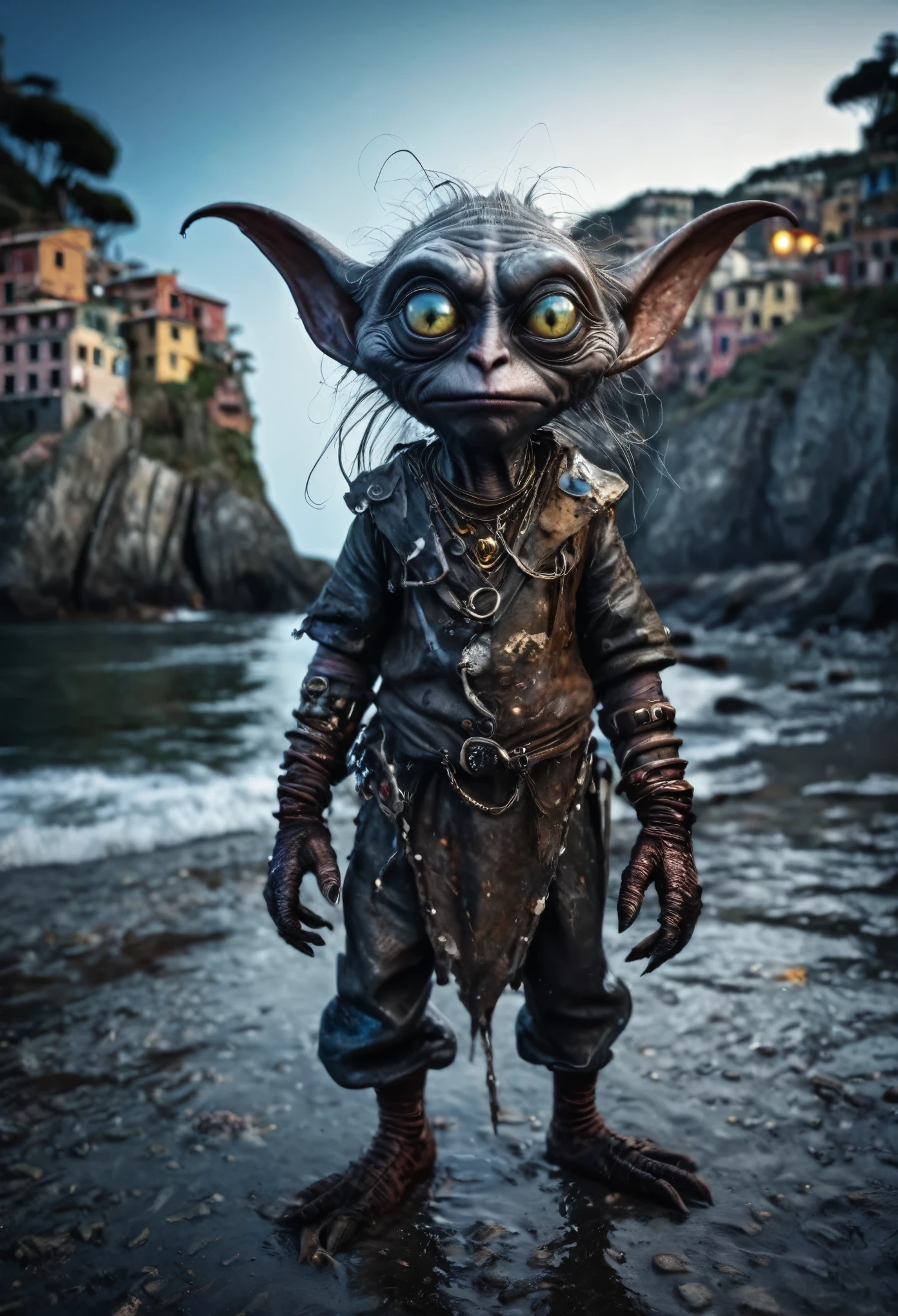pretty face,eyebrow up,full body shot,evil Hobgoblin,niobium moon,full-body-shot,beggar niobium Manganite The Alien Entity, babychild, wants eat,survival in criminal city of future,Cinematic,soft colors, Technicolor,natural skin textures, hyper realism, hyper detailed,Extremely detailed,High contrast,Masterpiece,Realism,Ultra Detailed, intricate details,realistic humid leather, cinematic style,irina yermolova,high contrast,hdr,extremely detailed, [deep night landscape],masterpiece,intricate details,faded,eyes extremely detailed,Silverclaw,view from height,full-body-shot,High contrast,Masterpiece,Realistic,Ultra Detailed,intricate details,realistic humid skin,extremly intricate,realism,photorealism, cinematic style,irina yermolova,HDR,((Wangechi Quality)),extremely detailed, [night landscape],masterpiece,intricate details,faded,eyes extremely detailed, high detailed eyes,16k resolution,RAW, Nikon Z9,orc's village of fishers on seaside,autentic,by Kilian Schönberger,by Nicolas Bruno,Cinque Terre in Liguria of Italy,
