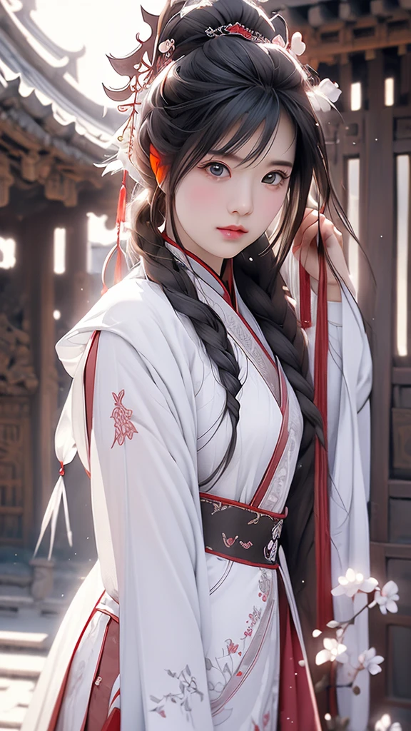 (best quality,4K,high resolution,masterpiece:1.2), very detailed, realistic, Black and white hanfu with black embroidery, elegant white ponytail, Long, flowing hair, white mask, The mask flutters in the wind, Peony blossoms, The Winds of Antiquity, oversized sleeves, Front facing pose, full shot, dramatic composition, falling petals, red belt, complex background, Ancient architecture, light fog and thick clouds, swirling clouds, movie lights, complex feather background.