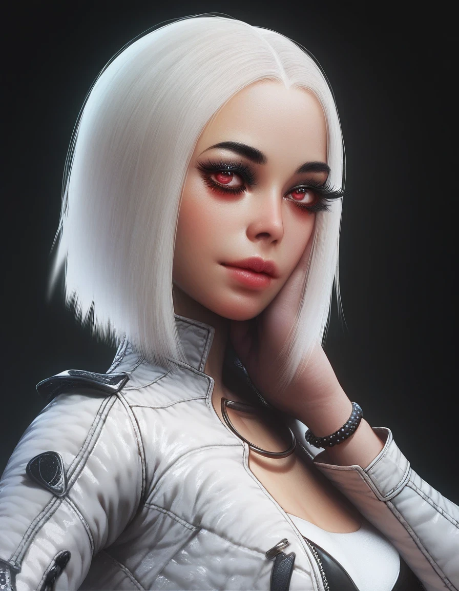 score_9, score_8_up, score_7_up,ftgd, hyperrealistic 3d, 1girl, solo, perfect face, cute face, black eyeliner, long eyelashes, [red eyes:0.5], white asymmetric bob hair, wearing leather jacket, white croptop, slim, upper body, city black background,