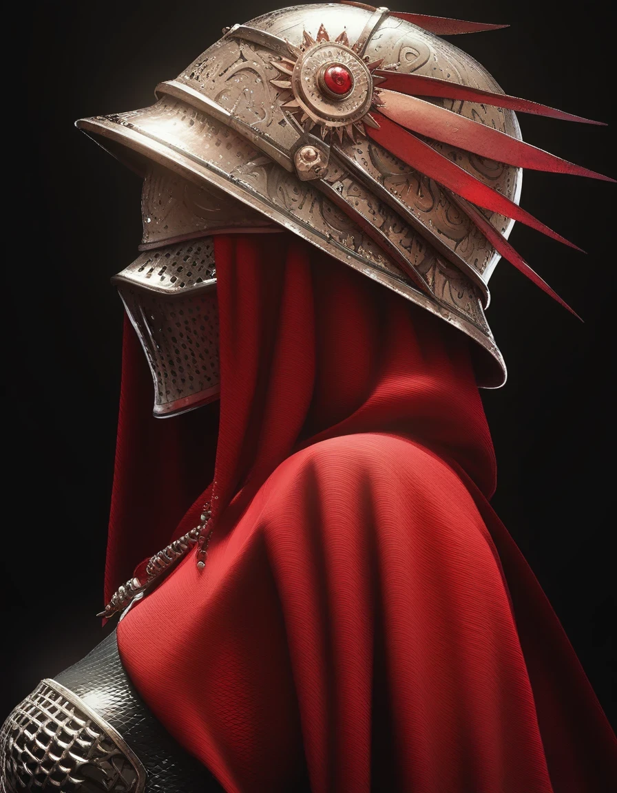 score_9, score_8_up, score_7_up,ftgd, hyperrealistic 3d, armored medieval knight, helmet, visor covering eyes, red cloak, side view, black background,