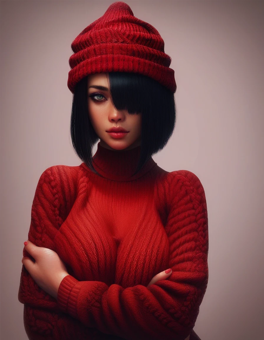 score_9, score_8_up, score_7_up,ftgd, hyperrealistic 3d, 1girl, solo, red sweater, black bob hair, hair covering one eye, red knitted hat,