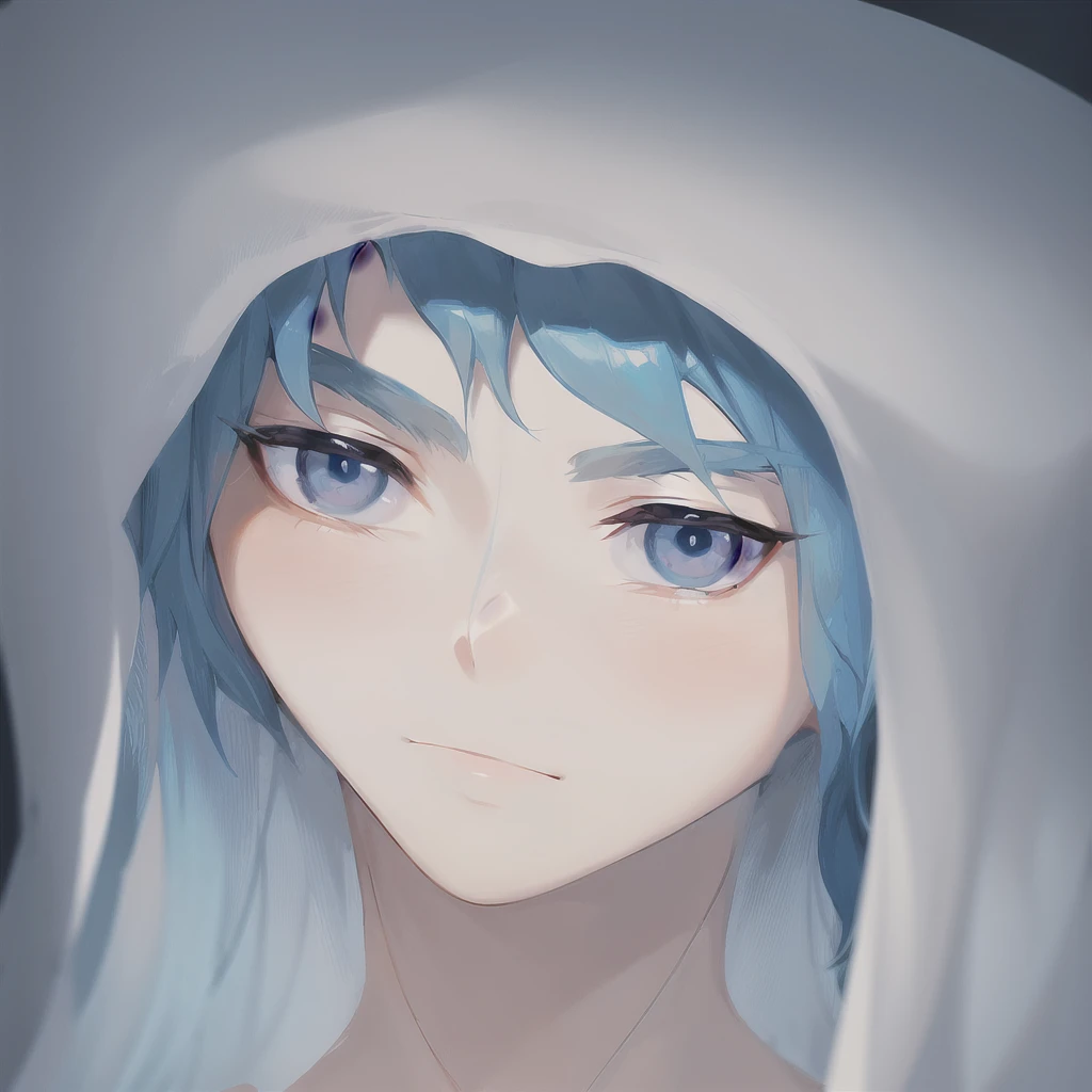 Anime girl with blue hair and blue eyes stares at the camera., 2D anime style, Inspired by Ray Kamoi, sad blue eyes, anime vector shading, Cell - Shaded Art Style, anime cel shading, dark blue eyes, Pointed face and gray eyes., very dark blue eyes, The Yuki Onna&#39;s piercing gaze, 2D anime, Person&#39;s artistic style