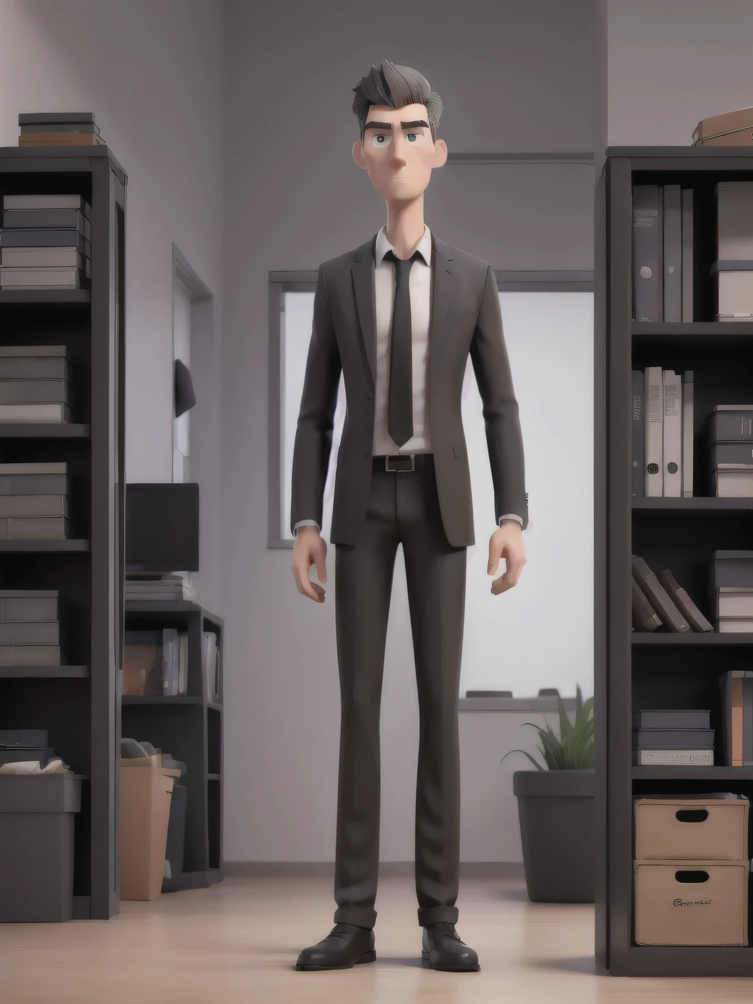 Create a tall man, with broad shoulders, thin legs, tidy hair, serious face, serious look, with black clothes with gray parts, in the office alone, standing.  in the best quality, 3D, 4k quality