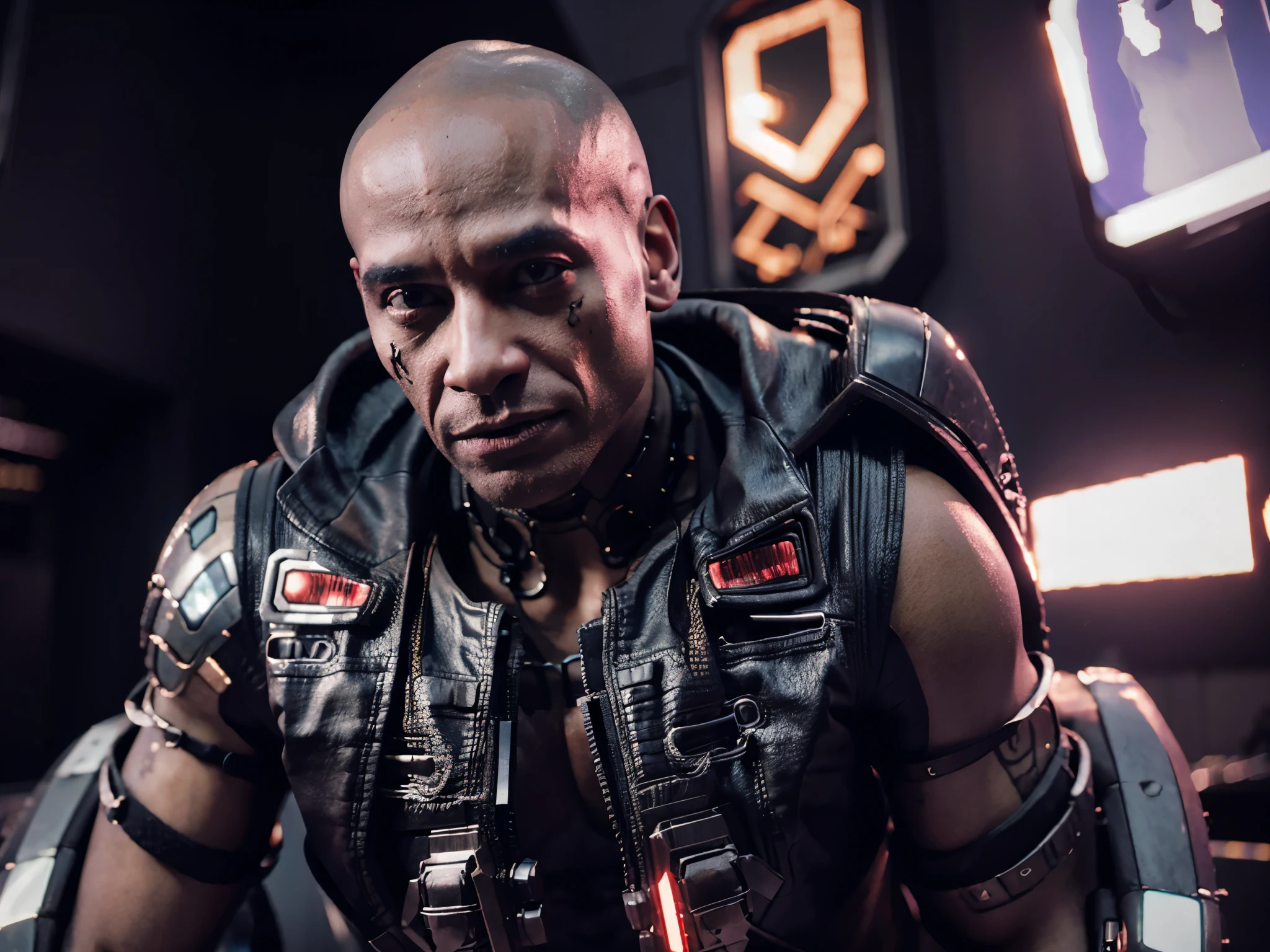 (Cyberpunk) orc in hip-hop style with cybernetic implants fused with the skin