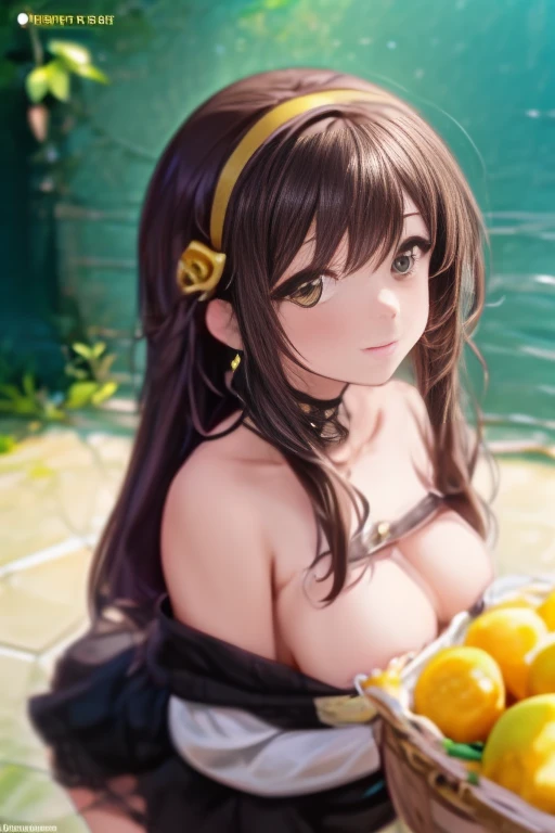 (small breasts:1.2), (perky chest:1.2), (pointed chest:1.2), (Pudding cake magazine cover:1.3),(from above:1.0),(from side:0.9),masterpiece, 1girl, Amazing Cleavage:1.1, thin waist, big ass, Raised sexy, posed cleavage:1.2,(perky chest:1.2), (pointed chest:1.2),(farmhouse entrance:1.0),(((brown Tunic:1.3))),(((lemons and stroberies in the basket),Cute and beautiful girl,Cute round face,Cute smile,Red Lip, looking at viewer, open mouth, have a cute glass of beergrass,black hair, dark green eyes, deep brown public party dress, bare shoulders,collarbone, sidelocks, hairband, earrings wih safia jewelry, outdoors, darck coller off shoulder sweater dress, plant, short hair with long locks, gild hairband, off-shoulder dress, sweater dress, off-shoulder sweater, black sweater, dark gord hair, big side hair, very long side hair,is rendered in (masterpiece: 1.2, best quality), with (ultra high resolution) and an exquisite (depth of field). ,(Bangs are see-through bangs),hair pin,hair adornments,detailed clothes features,Detailed hair features,detailed facial features,(Dynamic angles),(Dynamic and sexy poses),clothes that emphasize big breasts,Cinematic Light,(masutepiece,top-quality,Ultra-high resolution) ,(The 8k quality,Anatomically accurate facial structure,),(Sea Art 2 Mode:1.3),(Image Mode Ultra HD,)