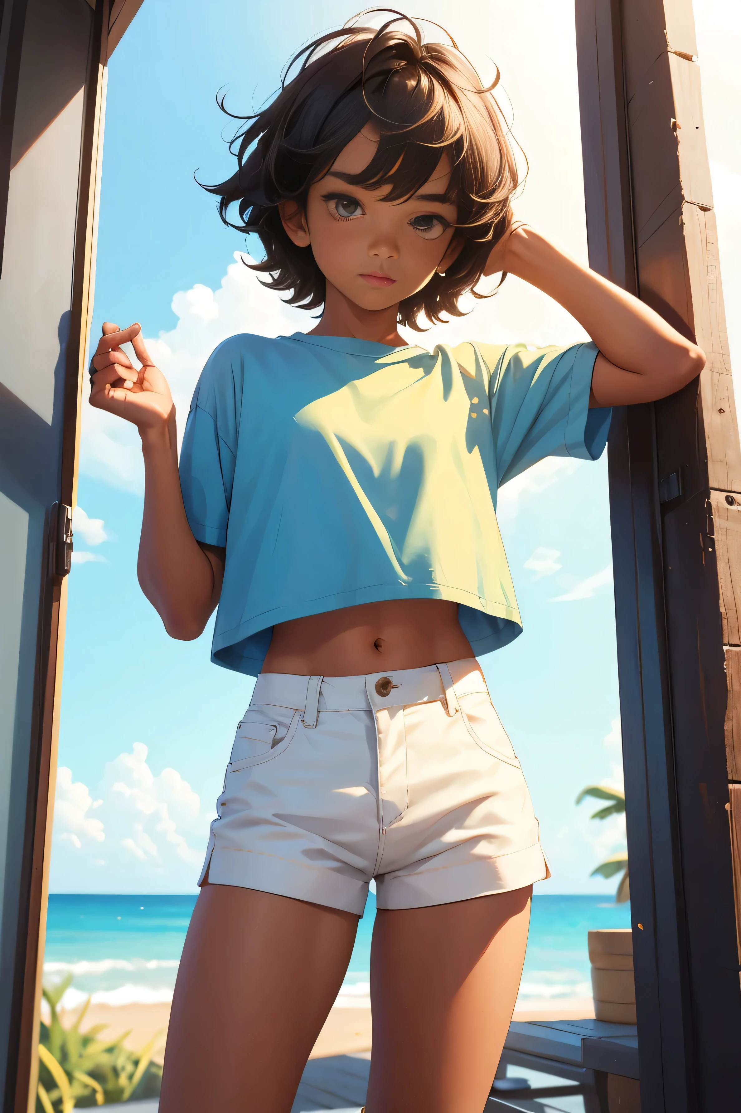 Teen boy 16 years old, beautiful boy is wearing a cropped shirt and too very much short mini shorts, the boy's legs are beautiful, tanned, bangs, flirty posing, hot summer, top quality,