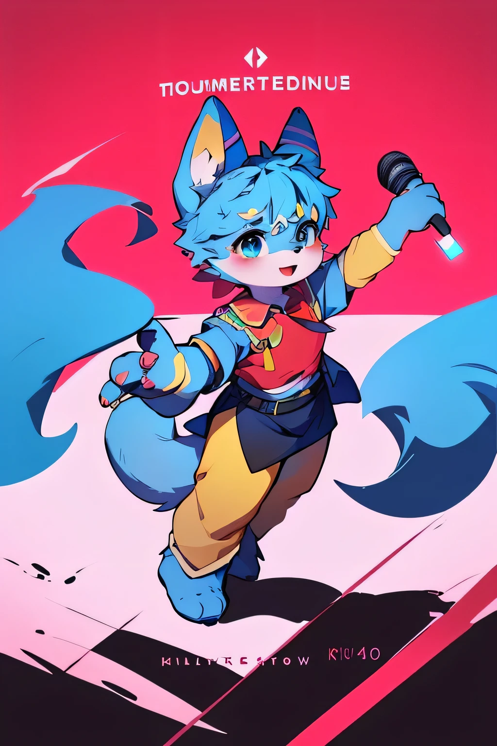 Blue fur, Canine, fox motif, boy, tall,Age: 15,K-pop idol style,Dancing,Music programs,Street fashion,Stage Live,Group of 4,I have a microphone.,comics,Wearing a red collar,