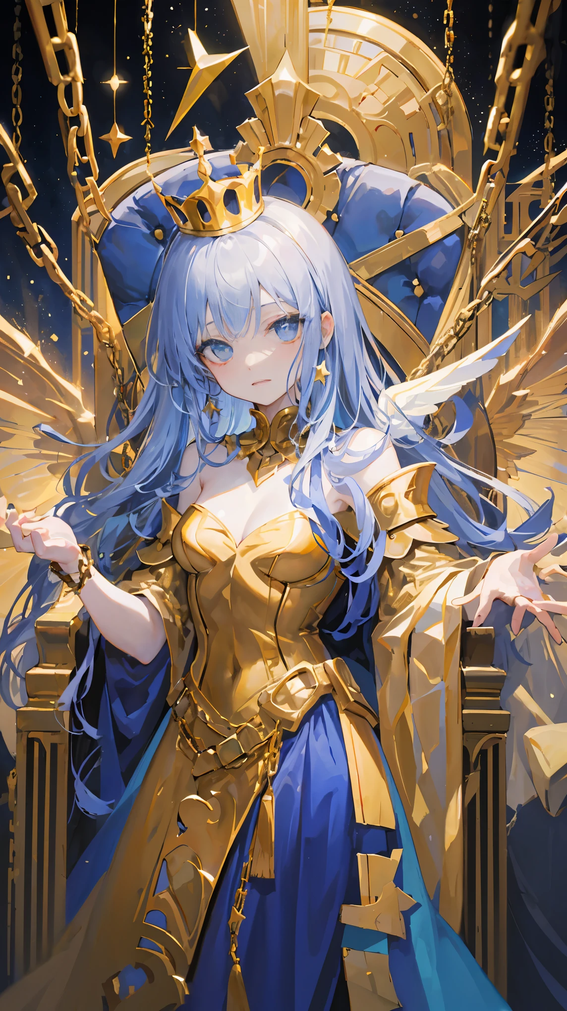 Portrait of a queen on a throne,destroyed dress , gold, gustav klimt, broken skin, wings, chains, dark melted makeup, star, oracle