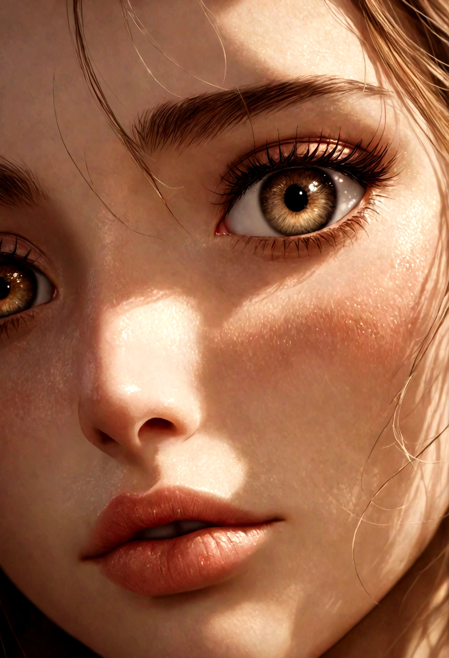 a detailed close-up portrait of a beautiful young woman, perfect skin, big beautiful eyes, long lashes, delicate nose, full lips, soft facial features, natural lighting, high resolution, 8k, hyper detailed, photorealistic, cinematic, dramatic lighting, warm color tones, glowing skin