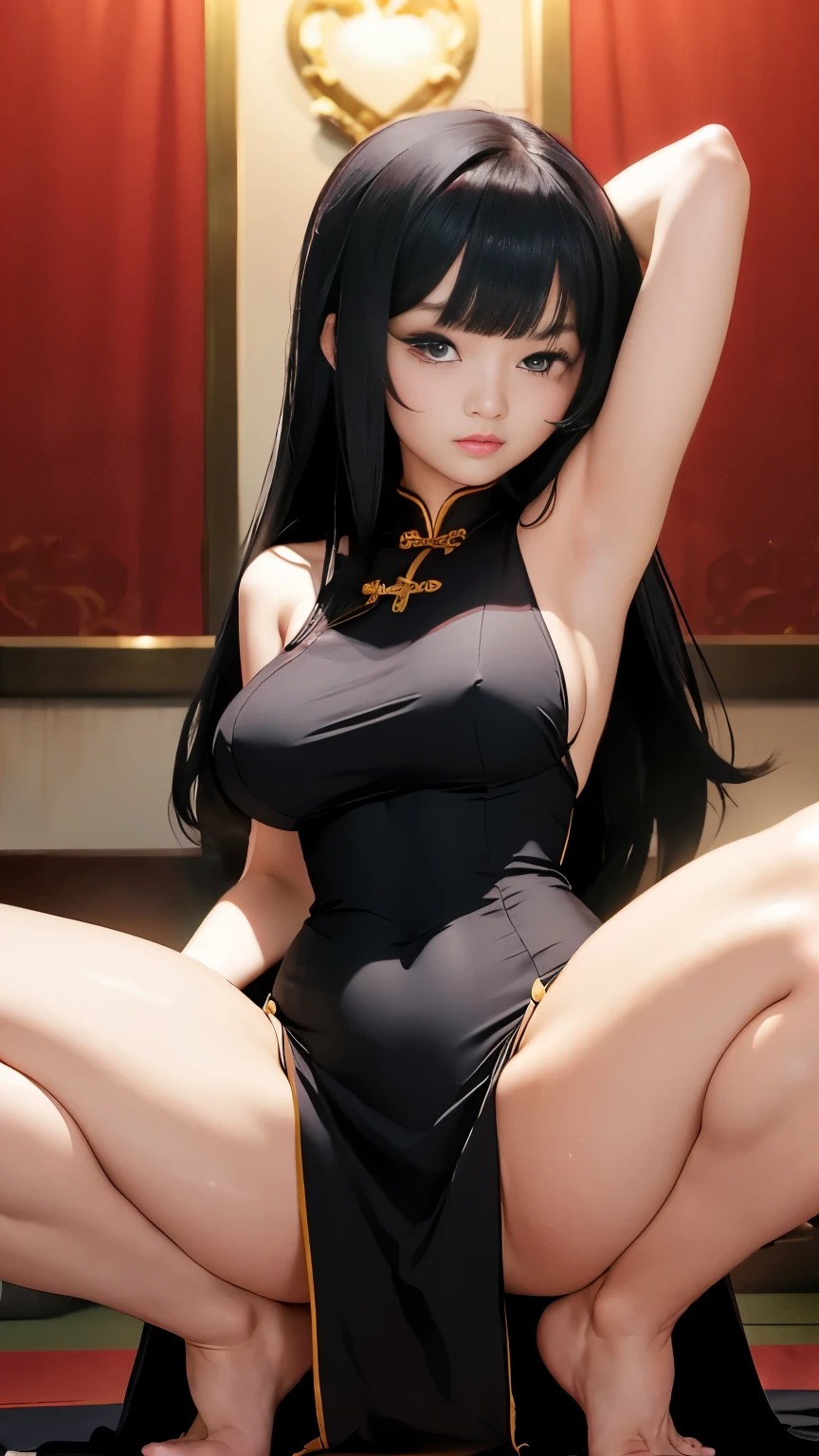 (Best quality, dynamic lighting, highly detailed) Black haired girl, beautiful, medium length hair, straight hair, nervous, blushing, detailed black eyes, heart shaped pupils, ample , tall, thick, thick thighs, fancy backless chinese long dress, squatting down, spread legs, showing of armpits, detailed smooth armpit, fancy hotel bedroom.