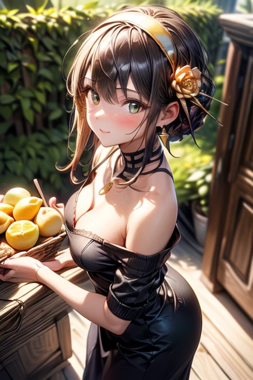 (small breasts:1.2), (perky chest:1.2), (pointed chest:1.2), (Pudding cake magazine cover:1.3),(from above:1.0),(from side:0.9),masterpiece, 1girl, Amazing Cleavage:1.1, thin waist, big ass, Raised sexy, posed cleavage:1.2,(perky chest:1.2), (pointed chest:1.2),(farmhouse entrance:1.0),(((brown Tunic:1.3))),(((lemons and stroberies in the basket),Cute and beautiful girl,Cute round face,Cute smile,Red Lip, looking at viewer, open mouth, have a cute glass of beergrass,black hair, dark green eyes, deep brown public party dress, bare shoulders,collarbone, sidelocks, hairband, earrings wih safia jewelry, outdoors, darck coller off shoulder sweater dress, plant, short hair with long locks, gild hairband, off-shoulder dress, sweater dress, off-shoulder sweater, black sweater, dark gord hair, big side hair, very long side hair,is rendered in (masterpiece: 1.2, best quality), with (ultra high resolution) and an exquisite (depth of field). ,(Bangs are see-through bangs),hair pin,hair adornments,detailed clothes features,Detailed hair features,detailed facial features,(Dynamic angles),(Dynamic and sexy poses),clothes that emphasize big breasts,Cinematic Light,(masutepiece,top-quality,Ultra-high resolution) ,(The 8k quality,Anatomically accurate facial structure,),(Sea Art 2 Mode:1.3),(Image Mode Ultra HD,)