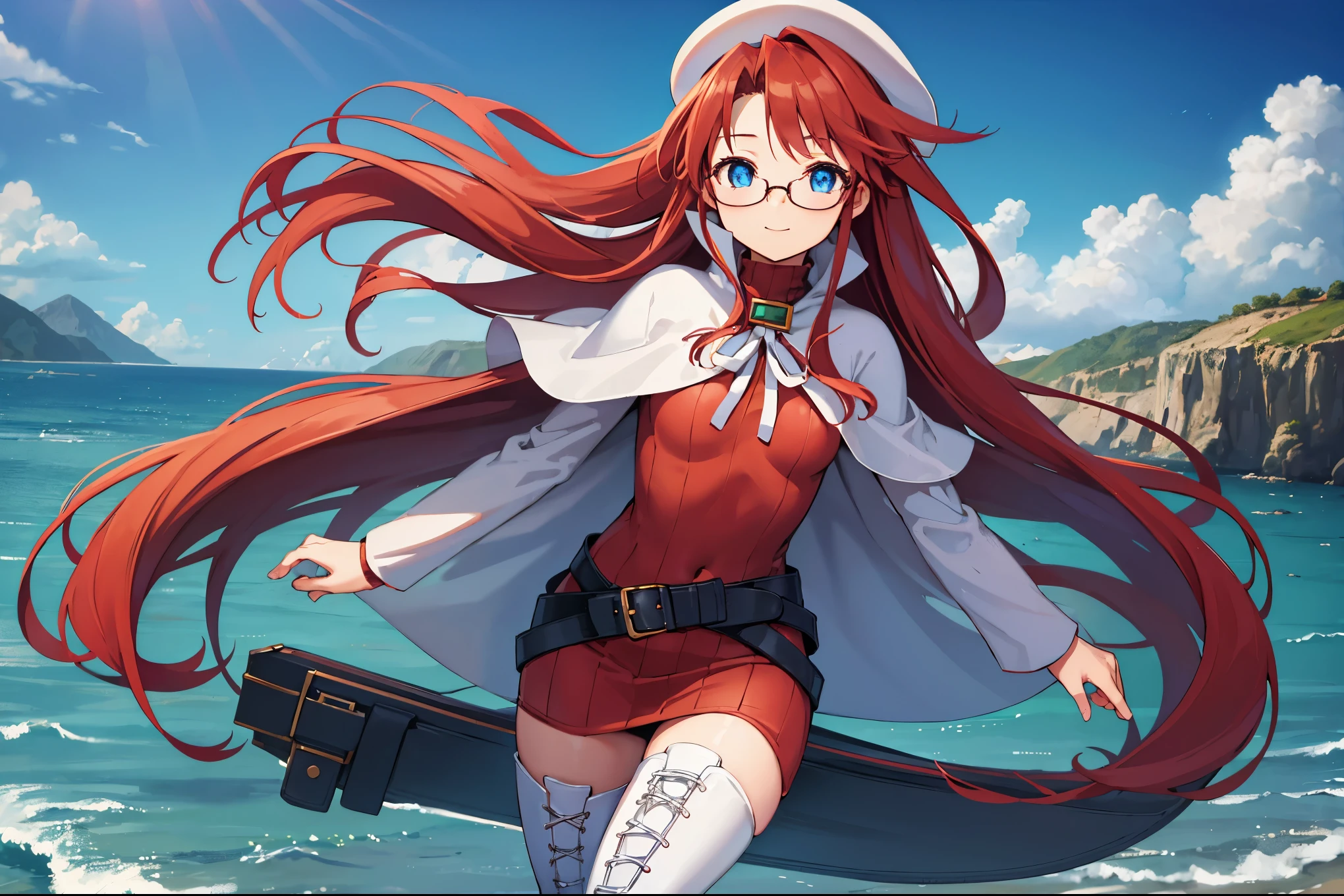 summonnightaty, aty, (young:1.3),long hair, blue eyes, red hair, big_berets, hat, glasses,
BREAK long hair, thighhighs, hat, dress, naked_legs, glasses, belt, cape, sweater, zettai ryouiki, beret, thigh boots, white footwear, ribbed sweater, loose belt,solo,
BREAK outdoors, fantasy,on_beach,
,Highquality_hads,perfect_fingers,
BREAK (masterpiece:1.2), best quality, high resolution, unity 8k wallpaper, (illustration:0.8), (beautiful detailed eyes:1.6), extremely detailed face, perfect lighting, extremely detailed CG, (perfect hands, perfect anatomy),covered_nipples,covered_navel ,half_eyes,long_sword,sleepy,standing,red_sweater,apart_knees,magical_effect,spread_legs, have_a_book,teacher,rise_knee,Smile,rise_hand,look_down_viewer,spread_arms,sea​_waves,looking_into,blue_sky,sitting