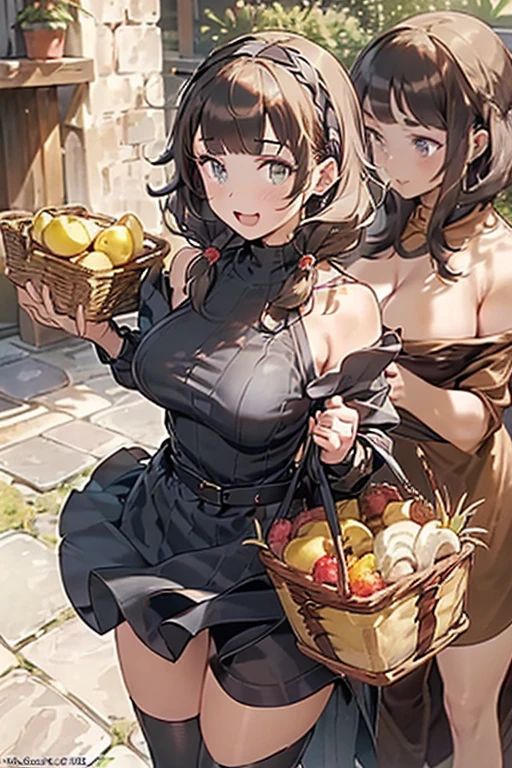 (small breasts:1.2), (perky chest:1.2), (pointed chest:1.2), (Pudding cake magazine cover:1.3),(from above:1.0),(from side:0.9),masterpiece, 1girl, Amazing Cleavage:1.1, thin waist, big ass, Raised sexy, posed cleavage:1.2,(perky chest:1.2), (pointed chest:1.2),(farmhouse entrance:1.0),(((brown Tunic:1.3))),(((lemons and stroberies in the basket),Cute and beautiful girl,Cute round face,Cute smile,Red Lip, looking at viewer, open mouth, have a cute glass of beergrass,black hair, dark green eyes, deep brown public party dress, bare shoulders,collarbone, sidelocks, hairband, earrings wih safia jewelry, outdoors, darck coller off shoulder sweater dress, plant, short hair with long locks, gild hairband, off-shoulder dress, sweater dress, off-shoulder sweater, black sweater, dark gord hair, big side hair, very long side hair,is rendered in (masterpiece: 1.2, best quality), with (ultra high resolution) and an exquisite (depth of field). ,(Bangs are see-through bangs),hair pin,hair adornments,detailed clothes features,Detailed hair features,detailed facial features,(Dynamic angles),(Dynamic and sexy poses),clothes that emphasize big breasts,Cinematic Light,(masutepiece,top-quality,Ultra-high resolution) ,(The 8k quality,Anatomically accurate facial structure,),(Sea Art 2 Mode:1.3),(Image Mode Ultra HD,)